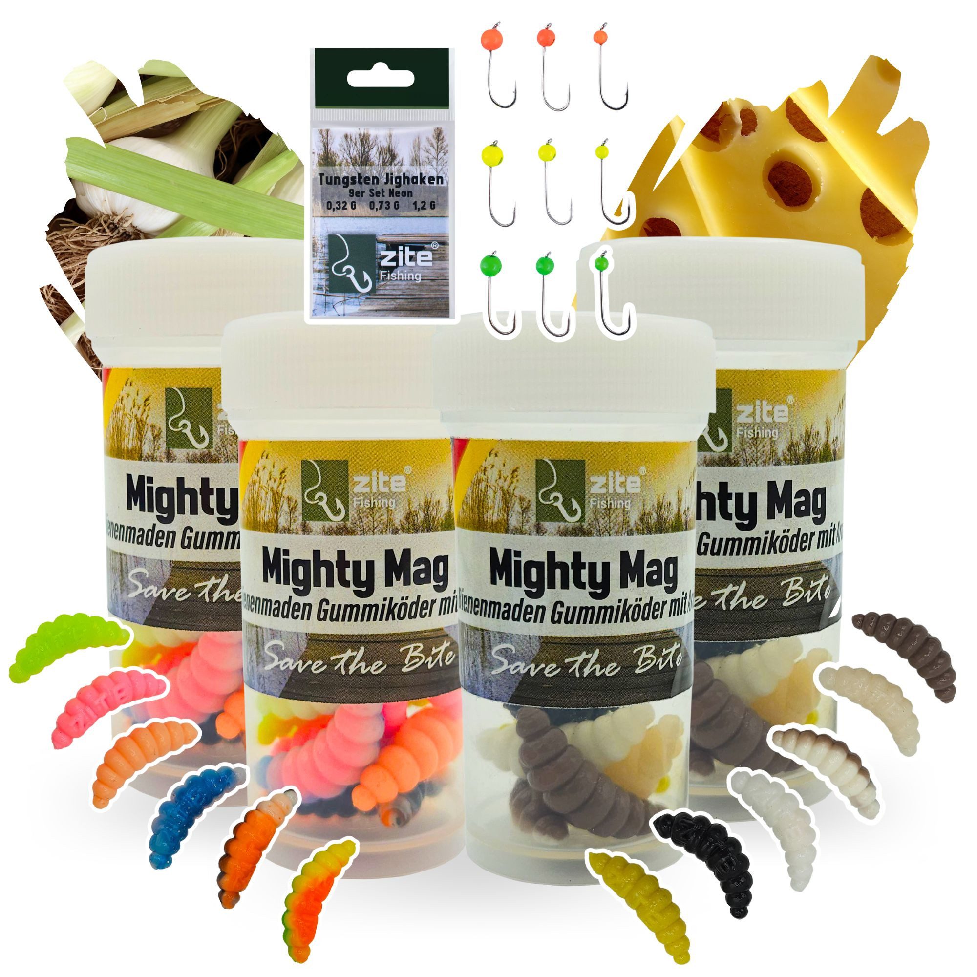 Kunstköder Mighty Mag Set - 48 phthalatfreie Gummiköder + 9 Tungsten Jighaken