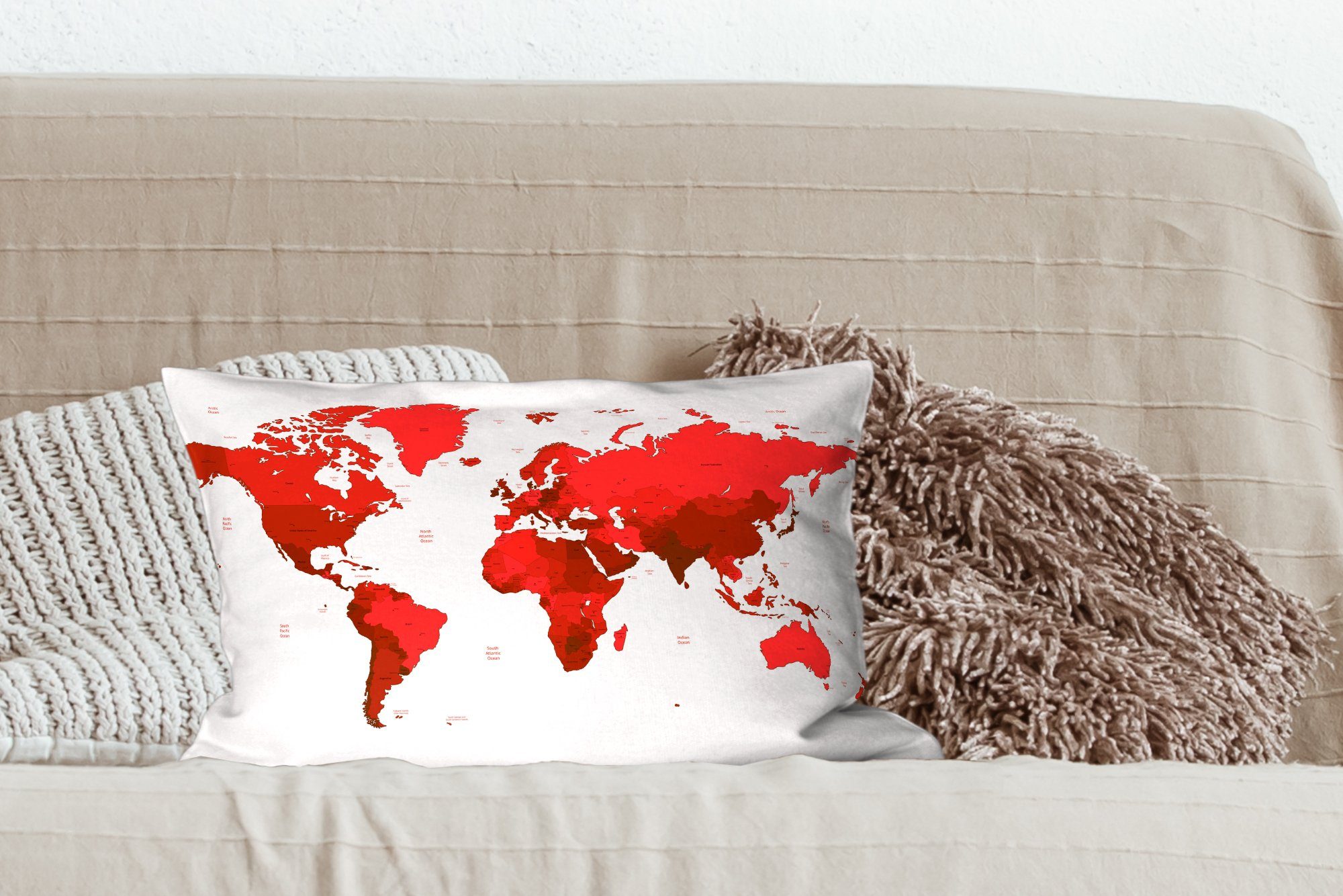 Rot Schlafzimmer mit MuchoWow Weltkarte Einfach, Dekoration, Dekokissen - Dekokissen - Wohzimmer Füllung, Zierkissen,