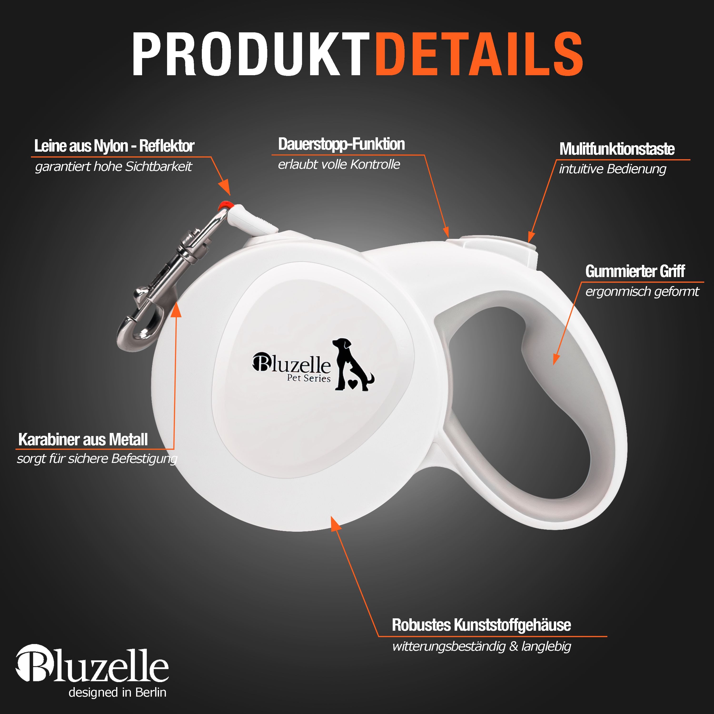 Bluzelle Rollleine, Nylon, Hundeleine für Hunde bis 50kg - 8m Rolleine mit Reflektor Gurt & Haken