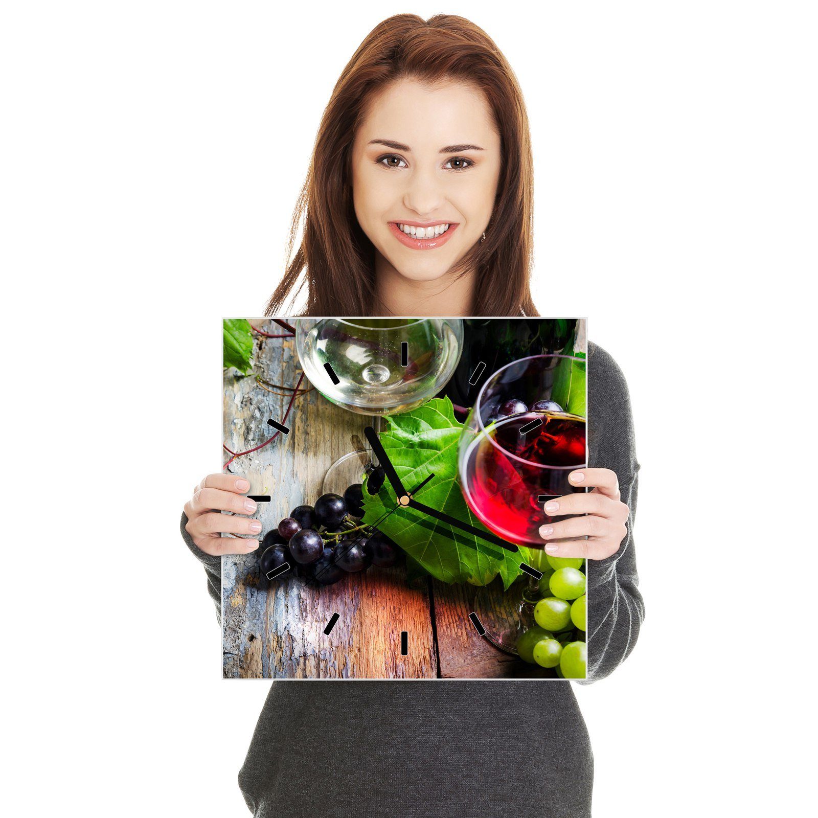 Glasuhr Trauben mit Größe Primedeco Weingläser 30 30 cm x und Motiv Wanduhr Wanduhr Wandkunst