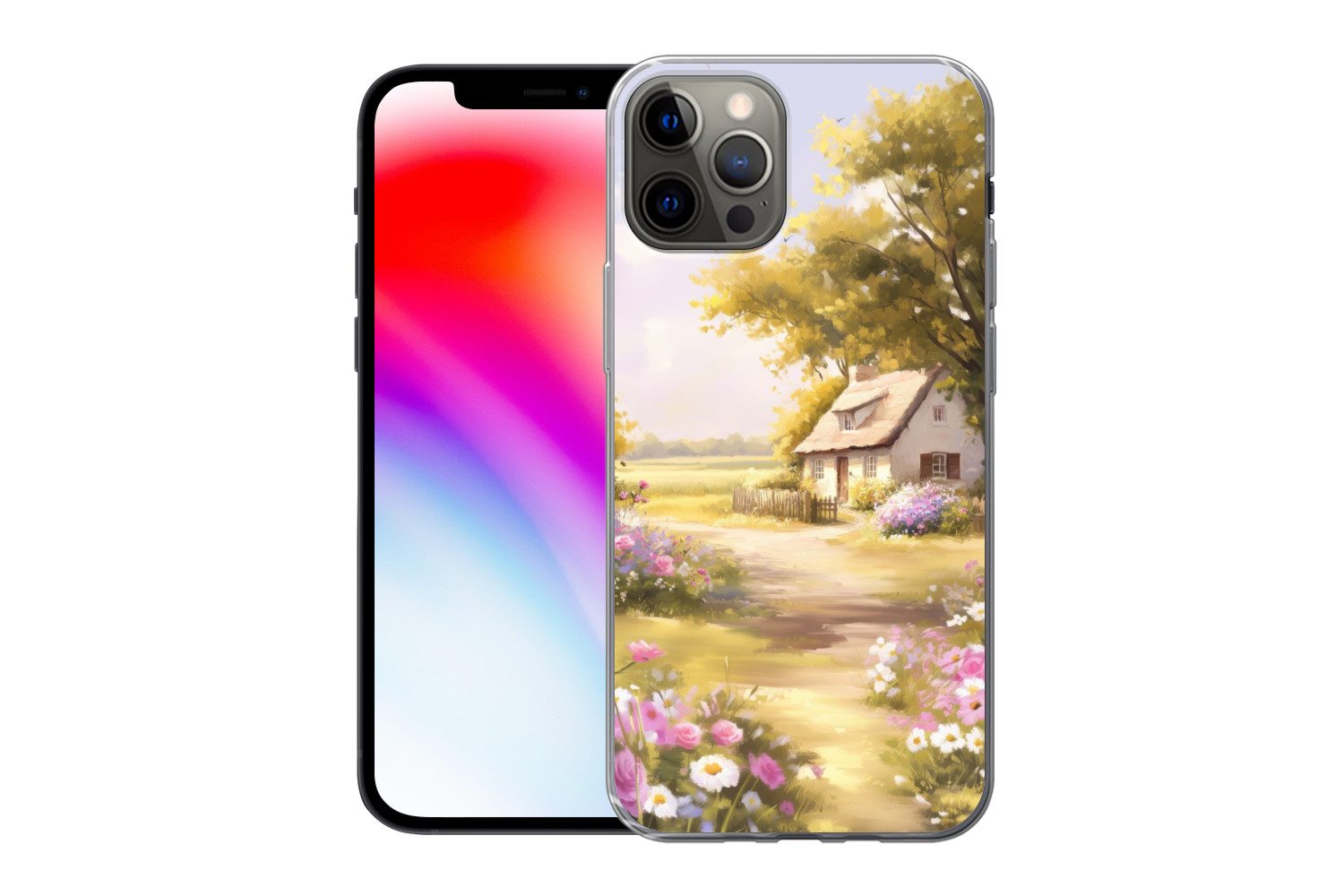 MuchoWow Handyhülle für Apple iPhone 12 Pro Landhaus - Holz - Blumen, Smartphone-Bumper, Print, Handy Schutzhülle Dünn