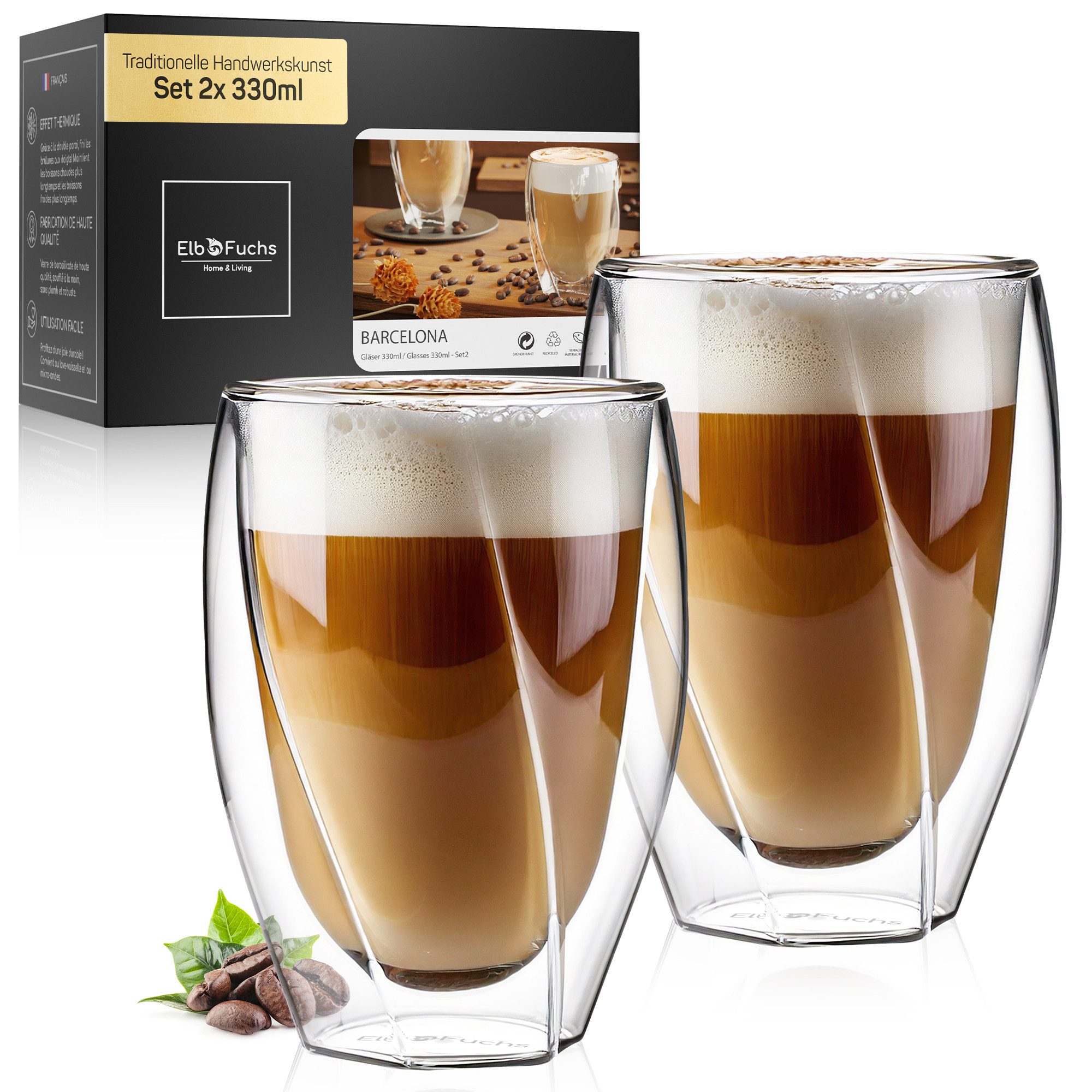 ElbFuchs Latte-Macchiato-Glas Barcelona Curved, 350ml, Borosilikatglas, 2-tlg., Doppelwandiger Thermoeffekt
