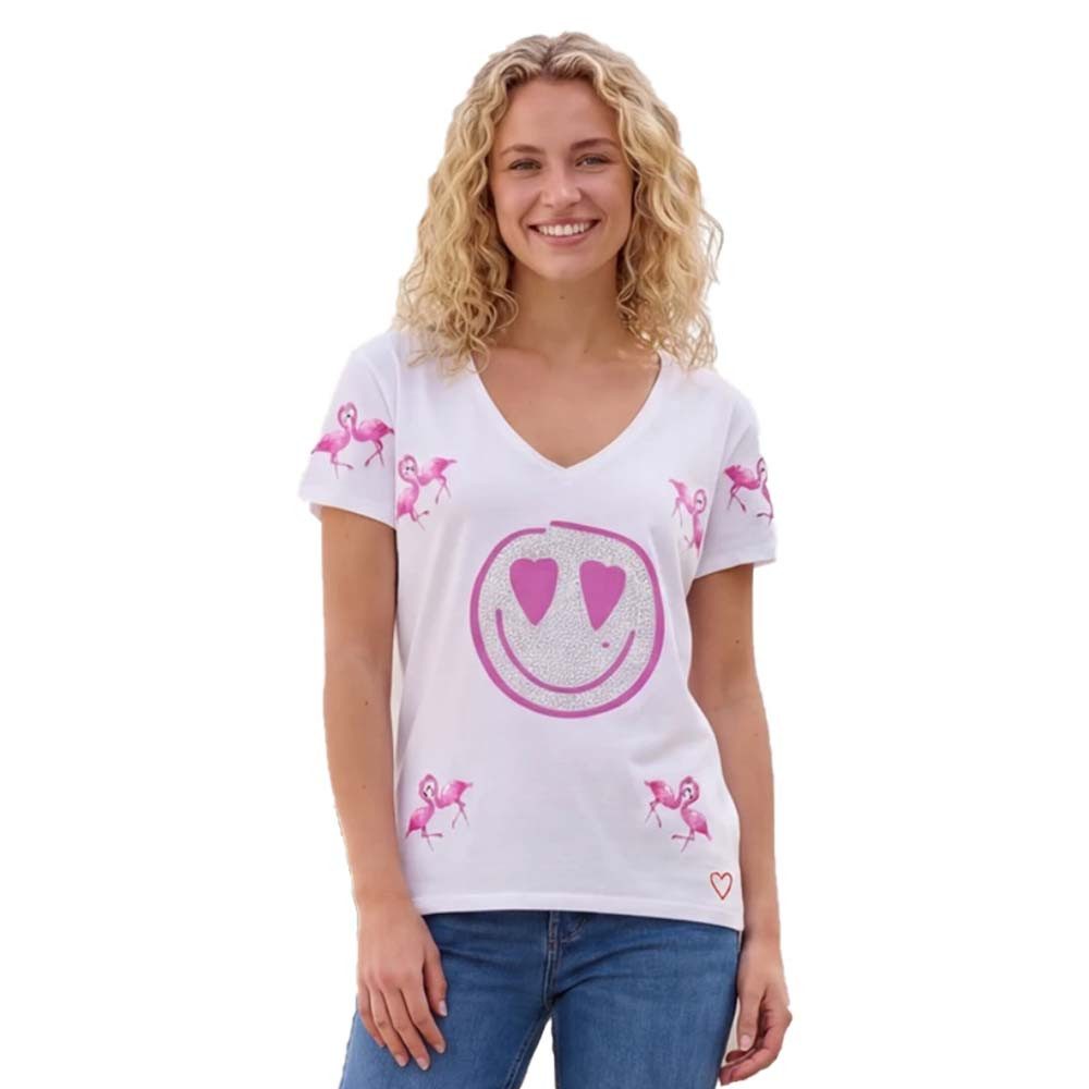Miss Goodlife T-Shirt MG13821 T-Shirt Flamingos Weiß – V-Ausschnitt mit Hea günstig online kaufen