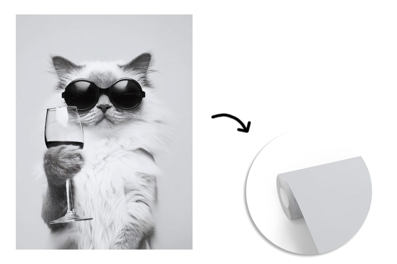 MuchoWow Fototapete Katze - Sonnenbrille - Weinglas - Langhaarig, Matt, bedruckt, Wallpaper für Wohnzimmer, Schlafzimmer, Vinyl Tapete, 165x220 cm