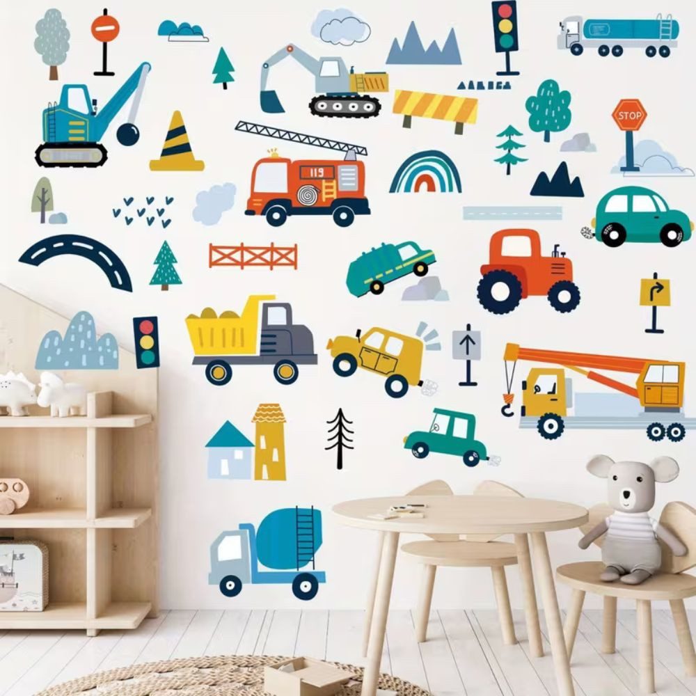 Montegoni Wandsticker Baustellenfahrzeuge Wandsticker Set Kinderzimmer Bagger LKW Kran (Mehrteiliges Wandsticker Set, 5er Set Baustellen Wandsticker), Selbstklebend, Ablösbar, Glänzend, Mehrteilig, Dekorativ