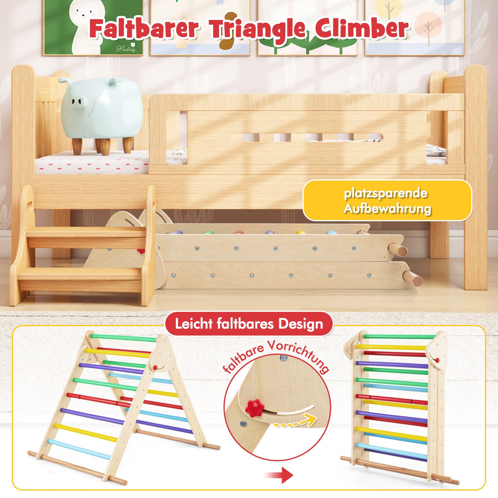 COSTWAY Klettergerüst 3 in 1 Kletterdreieck, mit Rutsche, aus Holz