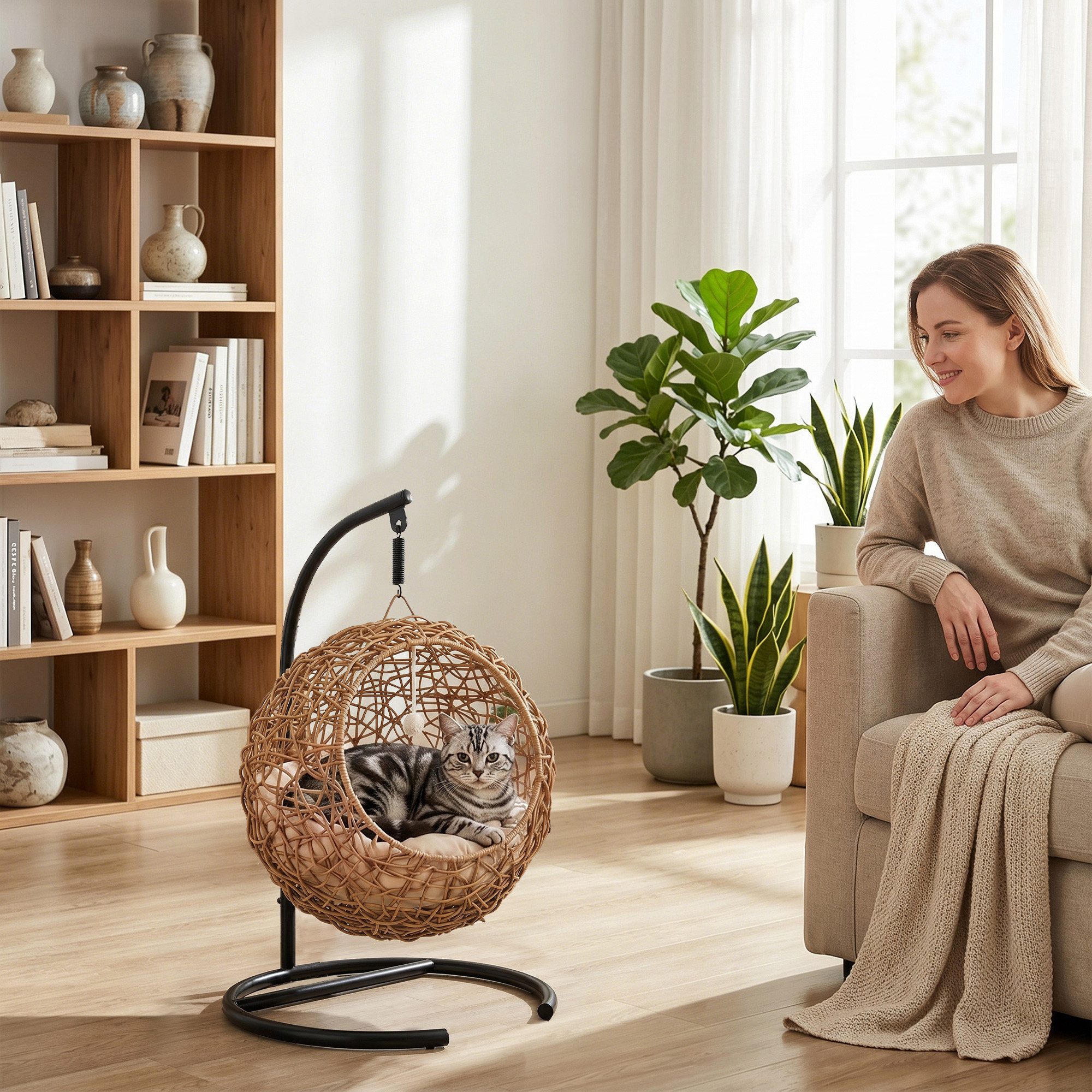 PawHut Tierhaus Katzenbett mit Kissen, Rattan-Katzenhaus mit Spielball und waschbarem Kissen