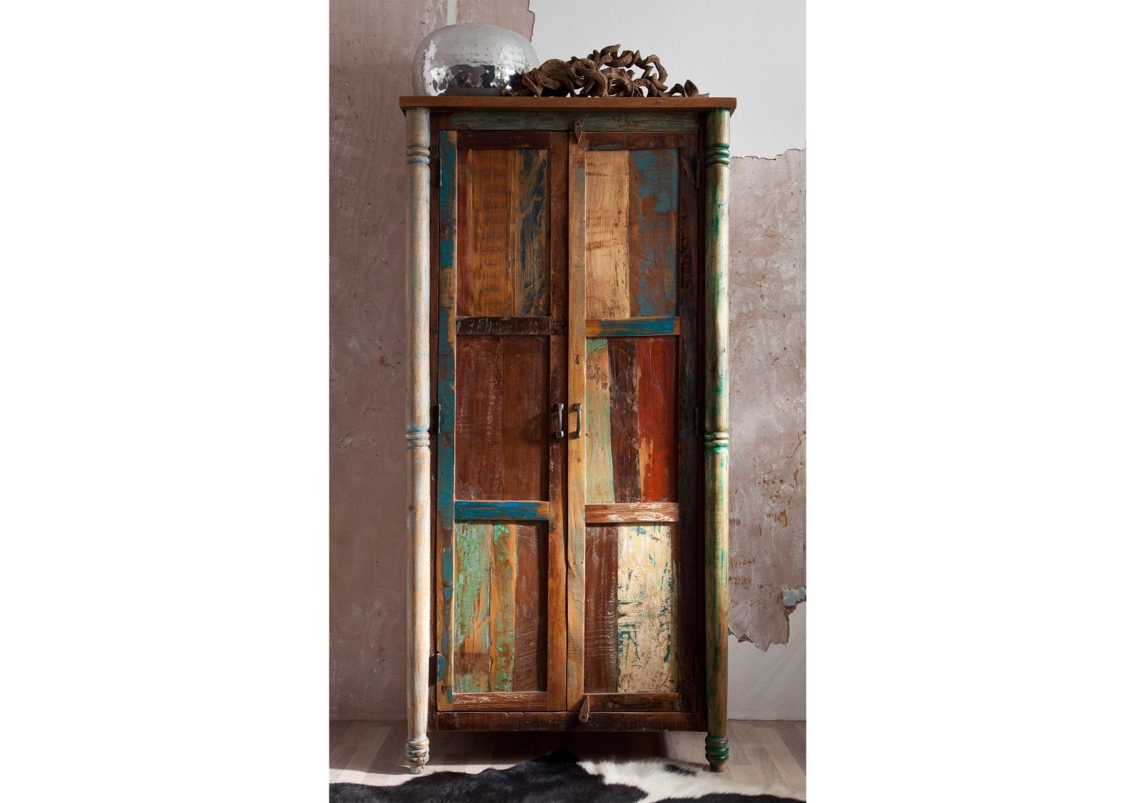 Massivmoebel24 Dreh-/Schwebetürenschrank FABLE (Schrank Altholz 90x45x180 mehrfarbig lackiert FABLE #12) Schrank Altholz 90x45x180 mehrfarbig lackiert FABLE #12