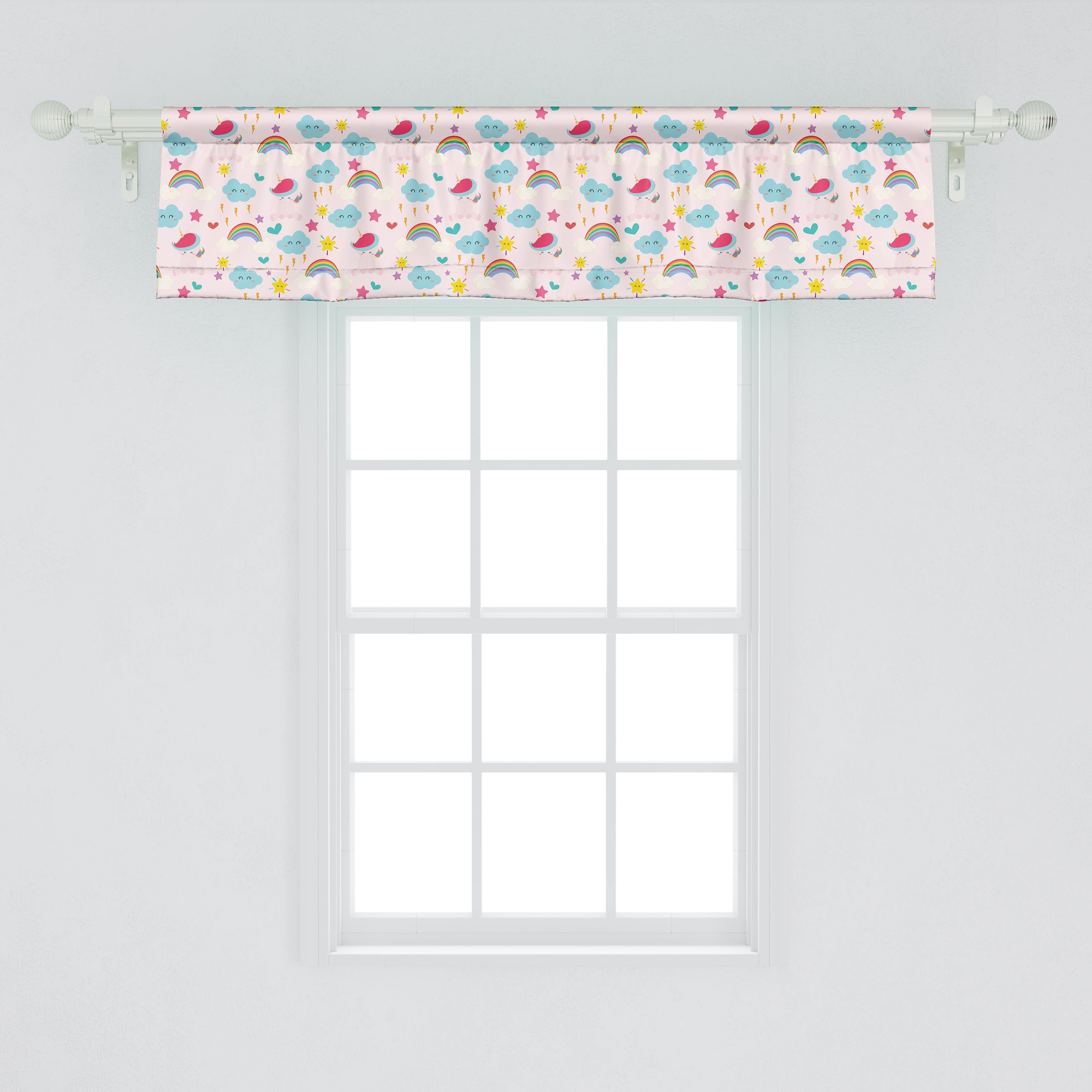 Scheibengardine Vorhang Volant für Küche Wolken Rainbows Sterne mit Microfaser, Schlafzimmer Dekor Abakuhaus, Stangentasche, Einhorn