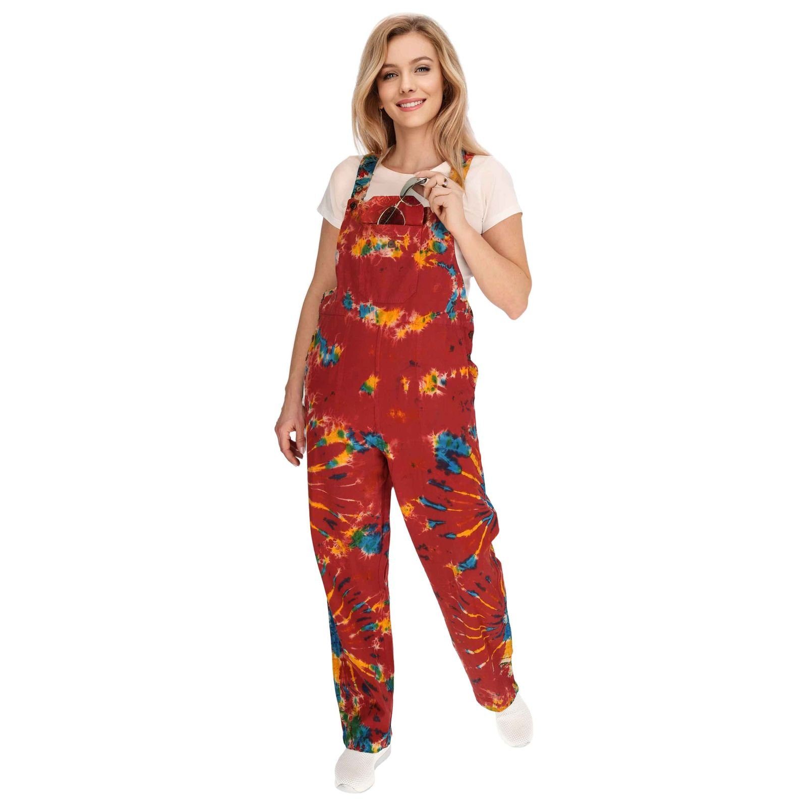 Bunt Latzhose Batik Haremshose Hose Psy KUNST Jumpsuit Boho Rot Tie 70er UND Dye MAGIE Latzhose