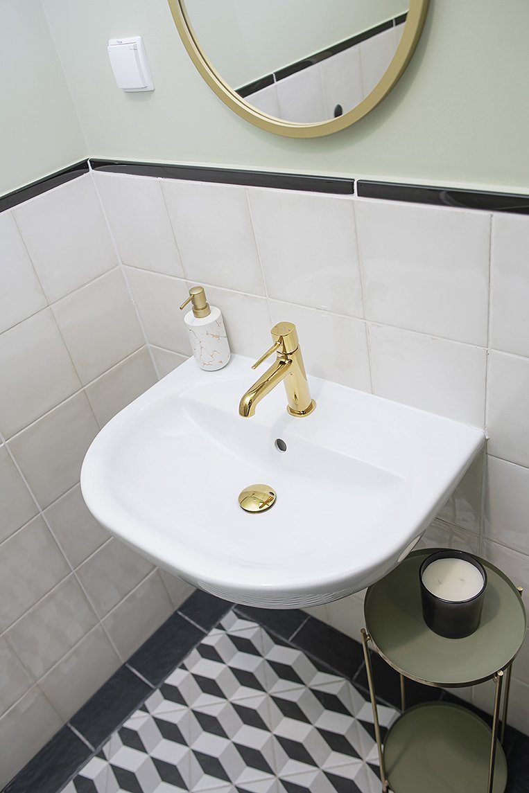 in Waschtischarmatur mit Waschbecken KOLMAN POLA Kleine Click-Clack Wasserhahn Gold Mischbatterie