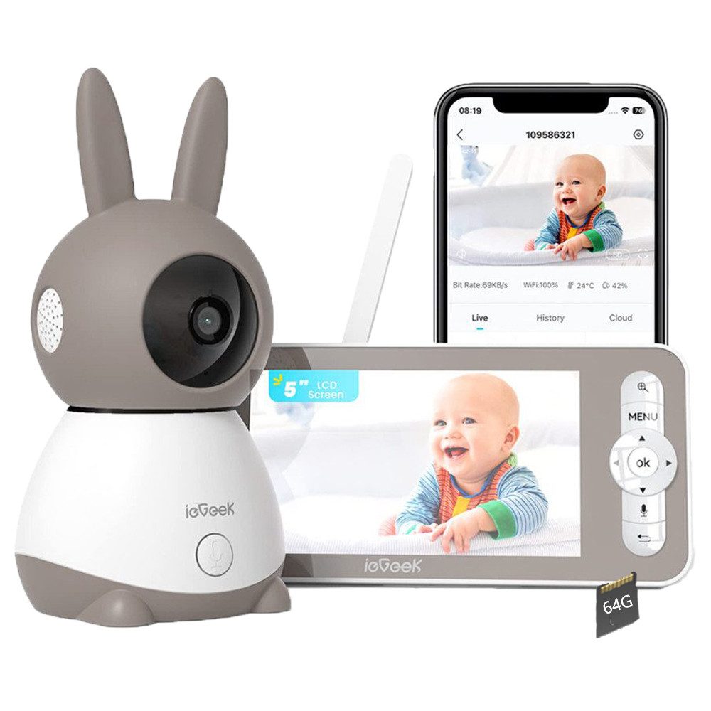 Video-Babyphone Babyphone mit Kamera 2K/3MP 5 Zoll WiFi Video Babyphone mit 64GB Karte