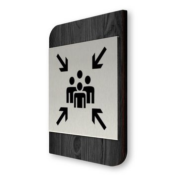 Kreative Feder Hinweisschild "Sammelpunkt" - modernes Business-Schild aus Holz und Alu, für Innenräume; ideal für Büro, Schule, Universität