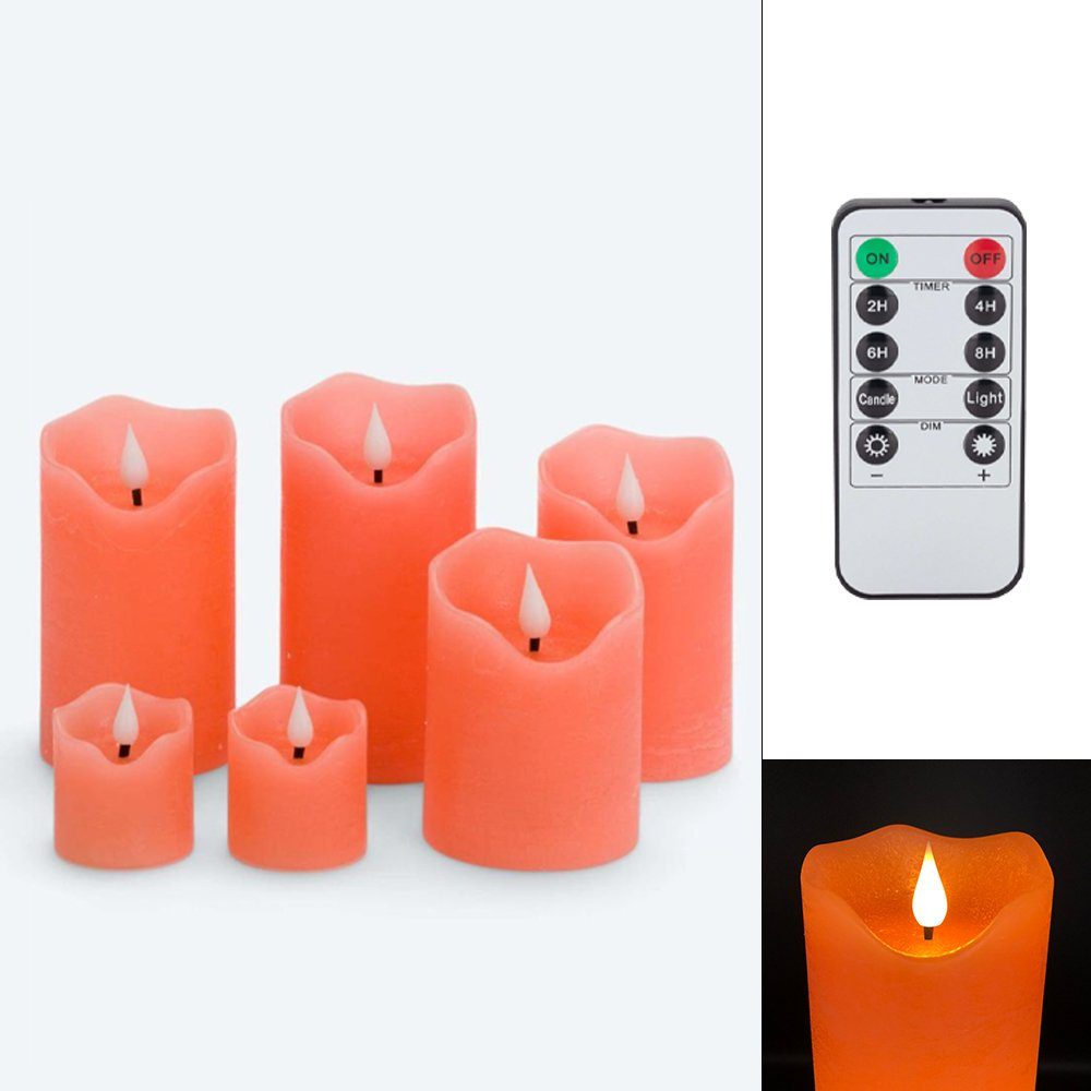 LED-Kerze 6er Set aus Echtwachs mit Dimmer, Timer, Fernbedienung Farbe wählbar