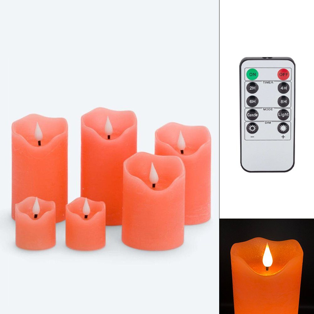 Online-Fuchs LED-Kerze 6er Set aus Echtwachs mit Dimmer, Timer, Fernbedienung Farbe wählbar (Helligkeit in 6 Stufen wählbar, Flackern oder Standlicht wählbar, Creme, Koralle, Hellgrün, Gelb, Apricot, Silber, Grau), Maße: 10, 12, 13 und 14 x 7,5 cm sowie 5 x 4,7 cm, Echtwachs