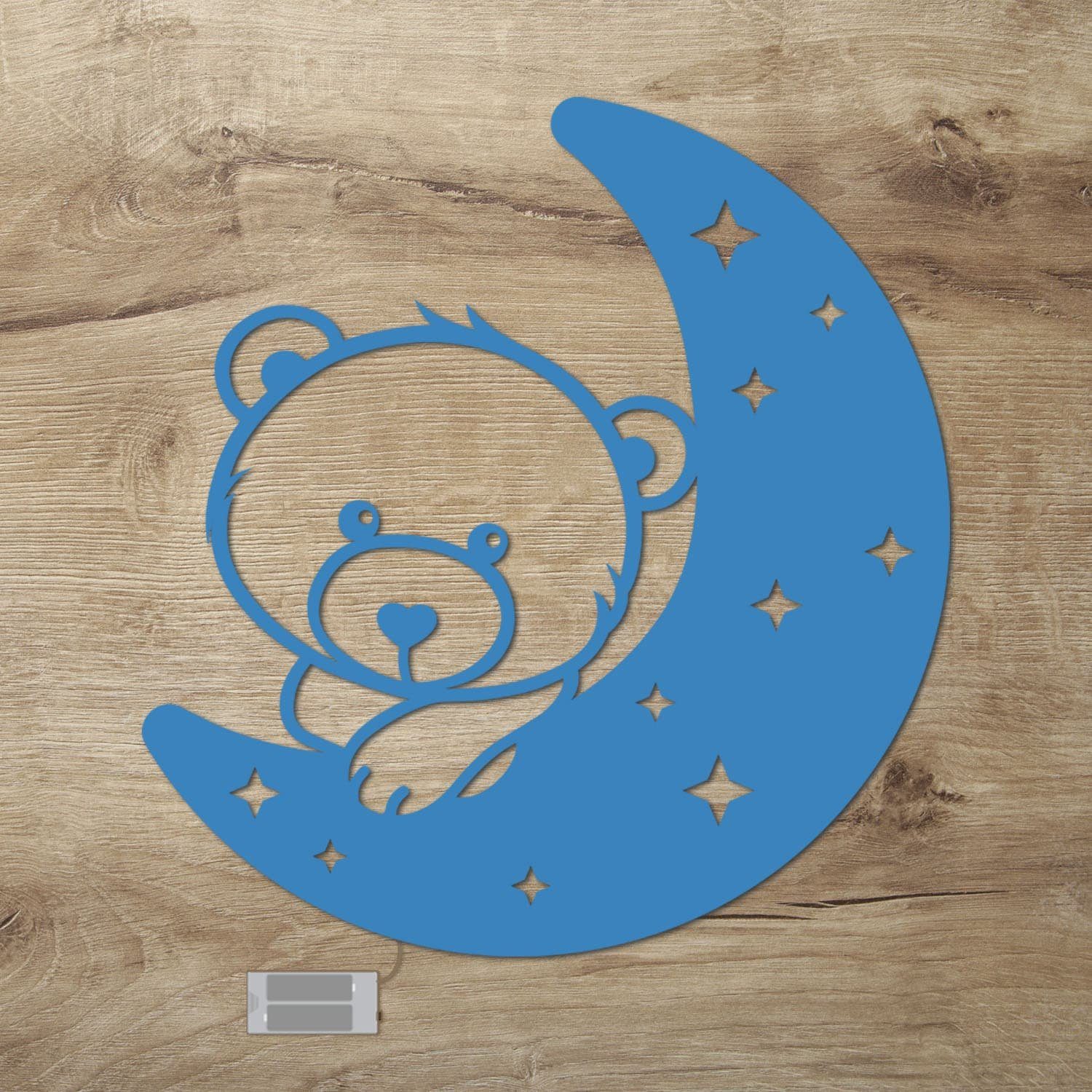 Namofactur LED Nachtlicht Bär auf Mond - Schlaflicht mit Bären Motiv für Kleinkinder, Ohne Zugschalter/Stern, LED fest integriert, Warmweiß, Wanddekoobjekt Kinderzimmer Leuchte batteriebetrieben Hellblau