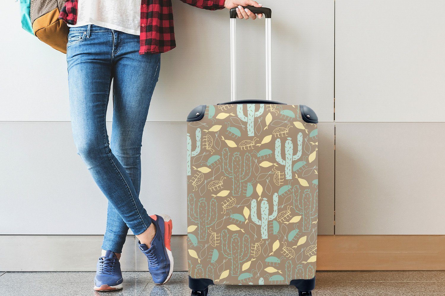 MuchoWow Handgepäckkoffer Kaktus - Pastell Handgepäck mit Reisekoffer 4 Reisetasche Trolley, Muster, für rollen, Rollen, Ferien, 