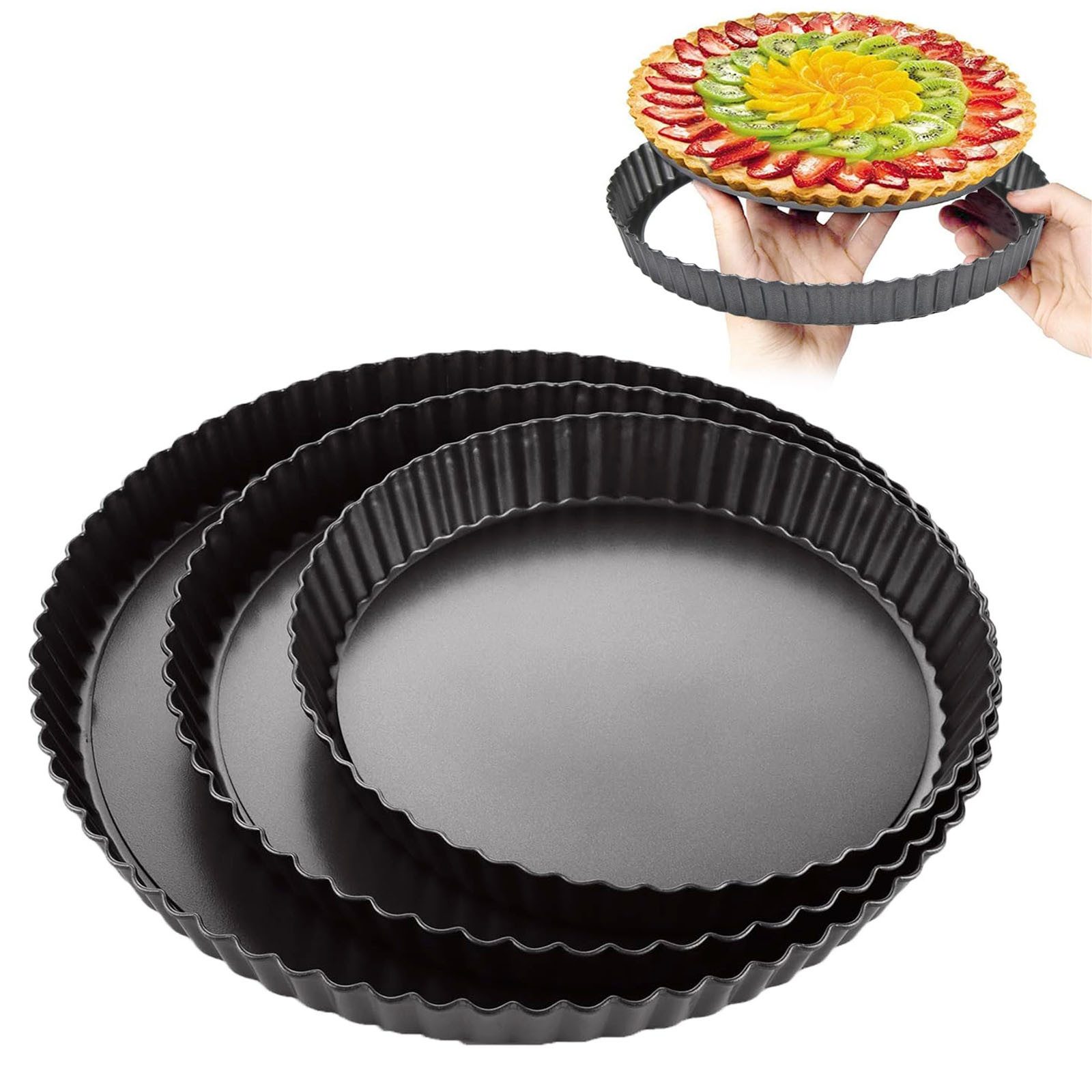 SURFOU Quicheform Backformen Kuchenform Brotbackform Tarteform 28 cm Rund Pie Backform, (Antihaftbeschichtete Quiche Tortenboden Backform, Obstkuchenform,Tortenbodenform,Obstbodenform,Tortenform,Torte Pan,Tortenpfannen,Quichepfanne, 22/24/28cm backform rund für Quiche, Pizza und Torten 3-tlg), Antihaftbeschichtung, Herausnehmbarer Boden, Spülmaschinenfest