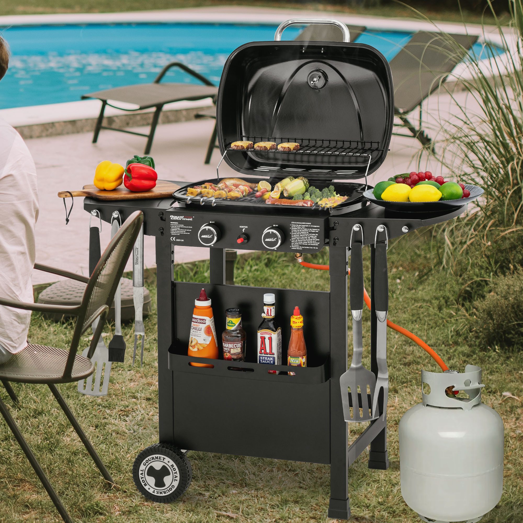Royal Gourmet Gasgrill 2-Brenner Gasgrill und Griddle Combo, 2 IN 1 Grillwagen, mit abnehmbarem Fettbehälter und eingebautem Thermometer