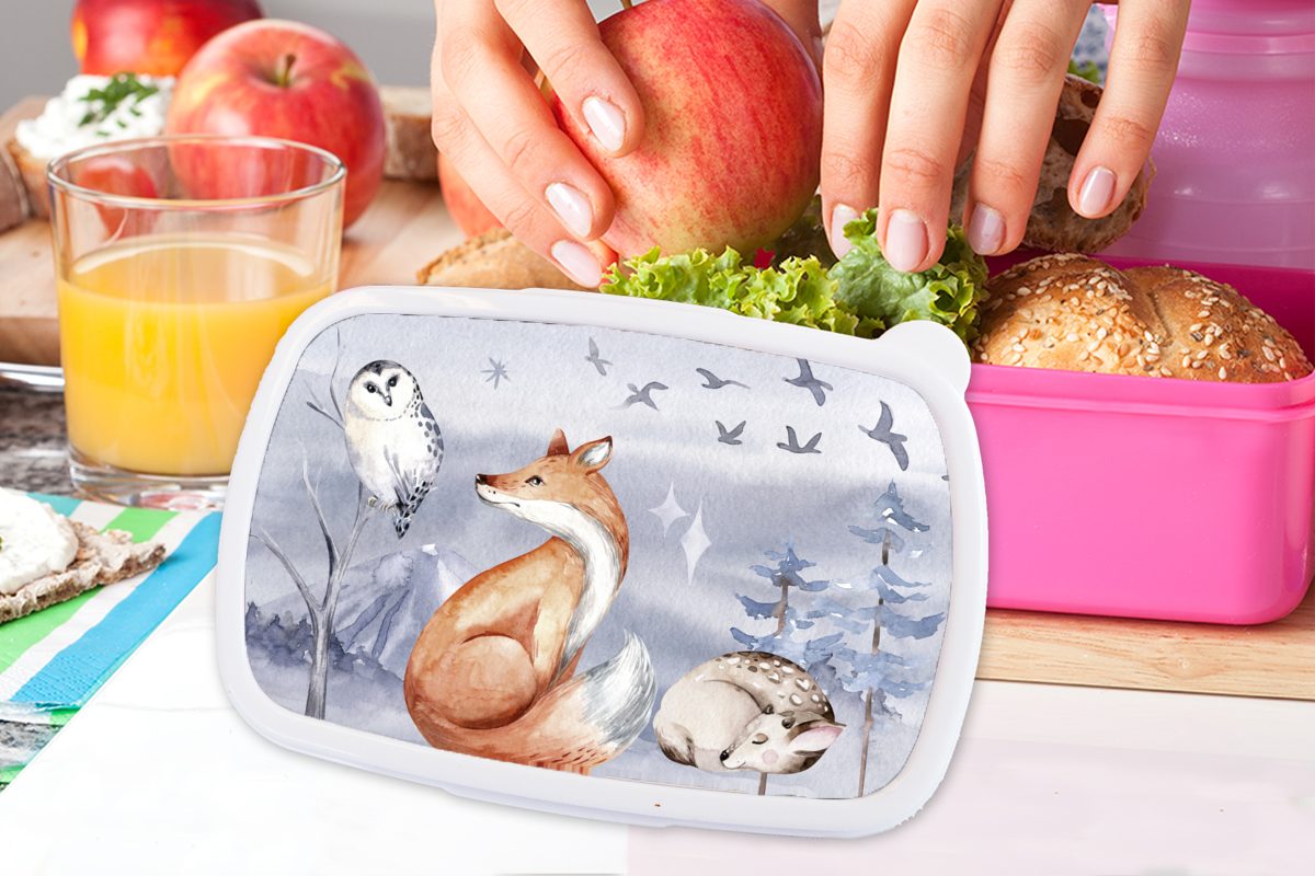 Erwachsene, - MuchoWow (2-tlg), - Brotbox rosa Brotdose Fuchs, Eule Mädchen, - Lunchbox Kunststoff Snackbox, für Winter Kunststoff, Kinder, Hirsch