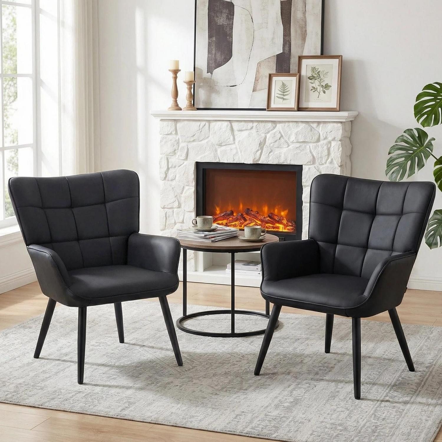 LuxusKollektion Ohrensessel Ohrensessel skandinavisch Kunstleder Loungesessel Schwarz pu 2 Stück