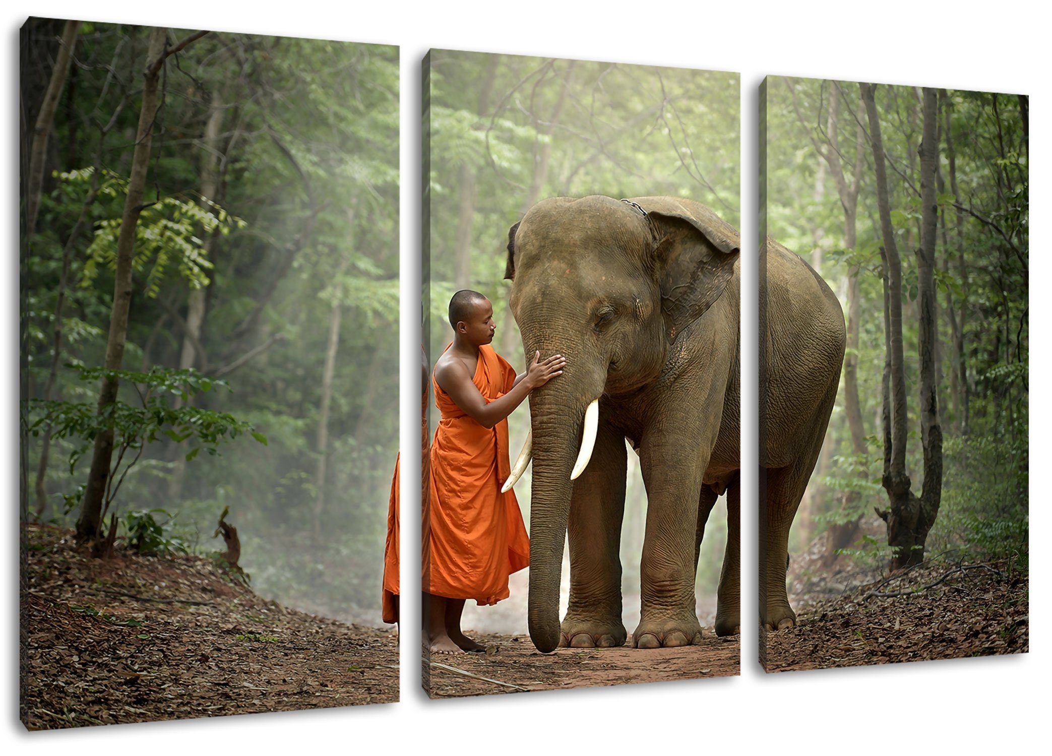 Pixxprint Leinwandbild wunderschöner Elefant mit Mönch, wunderschöner Elefant mit Mönch 3Teiler (120x80cm) (1 St), Leinwandbild fertig bespannt, inkl. Zackenaufhänger