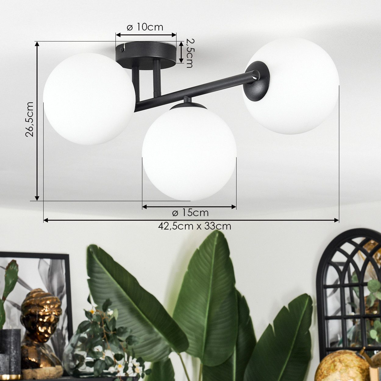 hofstein Deckenleuchte Deckenlampe aus Metall/Glas in Schwarz/Milchglas/Weiß, ohne Leuchtmittel, Deckenleuchte im Retro/Vintage-Design (Schirme Ø 15 cm), 3 x G9 – Bild 4 von 5
