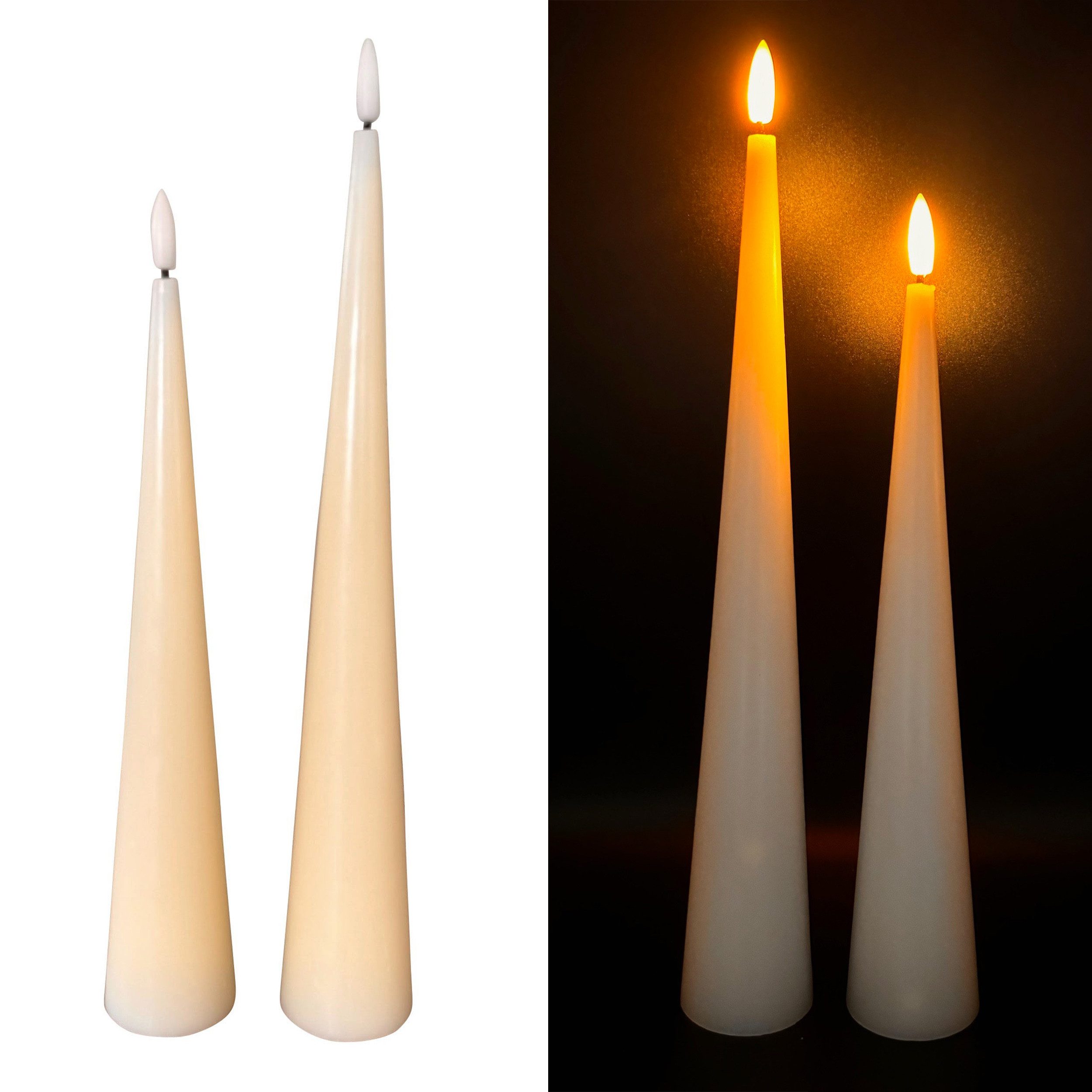 Online-Fuchs LED-Kerze 4 Kerzen, Stabkerzen XL in Kegelform inklusive 6-Stunden Timer (Weiß, Berry und Taubenblau, 21 bis 34 cm groß), spezielle Touch Funktion zum An- und Ausschalten