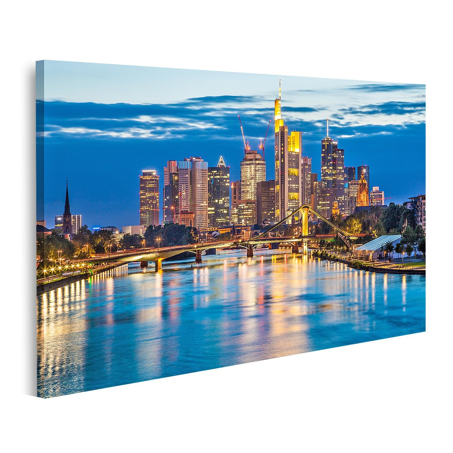 islandburner Leinwandbild Frankfurt am Abend mit beleuchteter Skyline und Flussufer