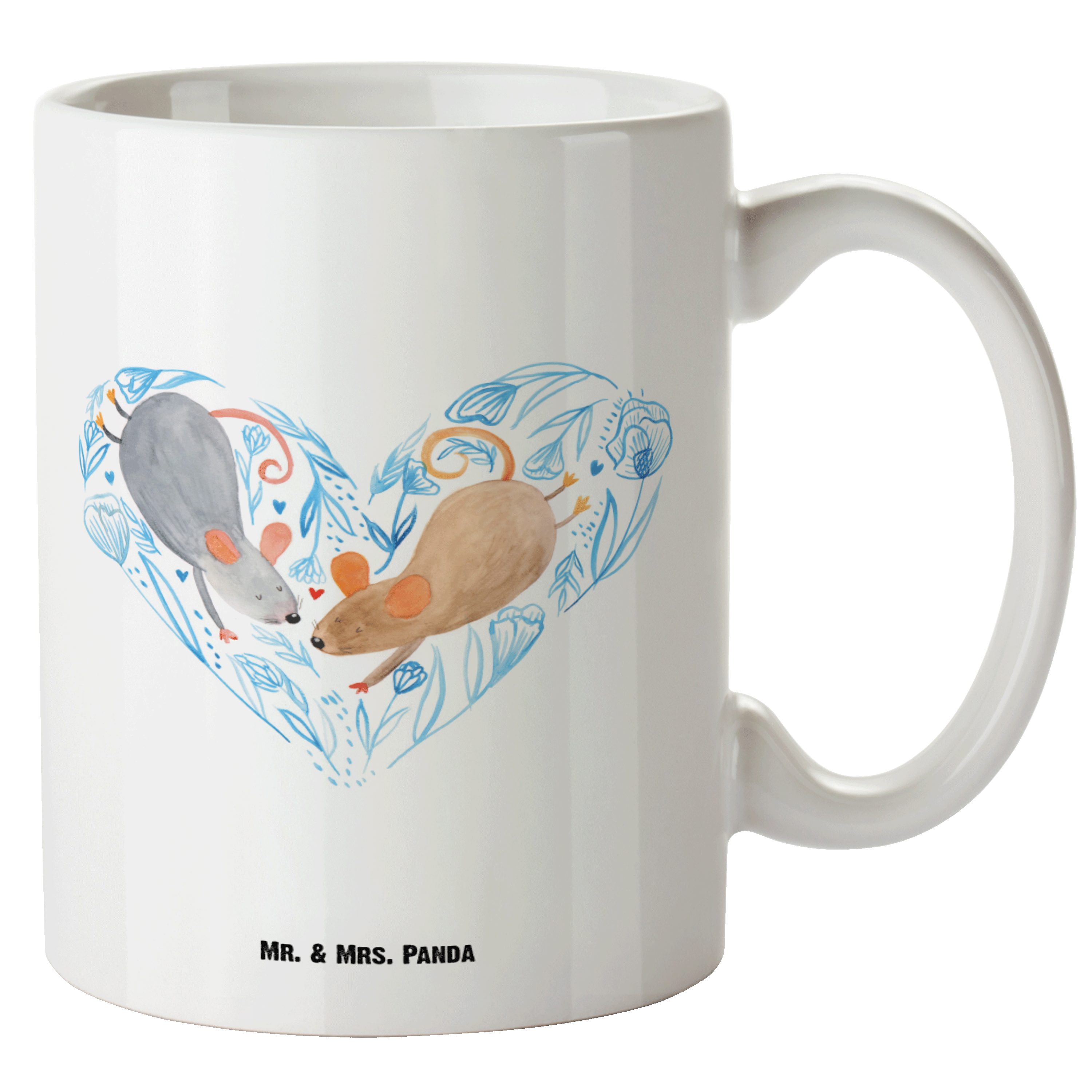 Mr. & Mrs. Panda Tasse Mäuse Herz - Weiß - Geschenk, Heiraten, verliebt, Freundin, XL Teetas, XL Tasse Keramik