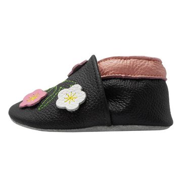 Yalion Weiche Leder Lauflernschuhe Hausschuhe Lederpuschen 3-Blumen Schwarz Krabbelschuh