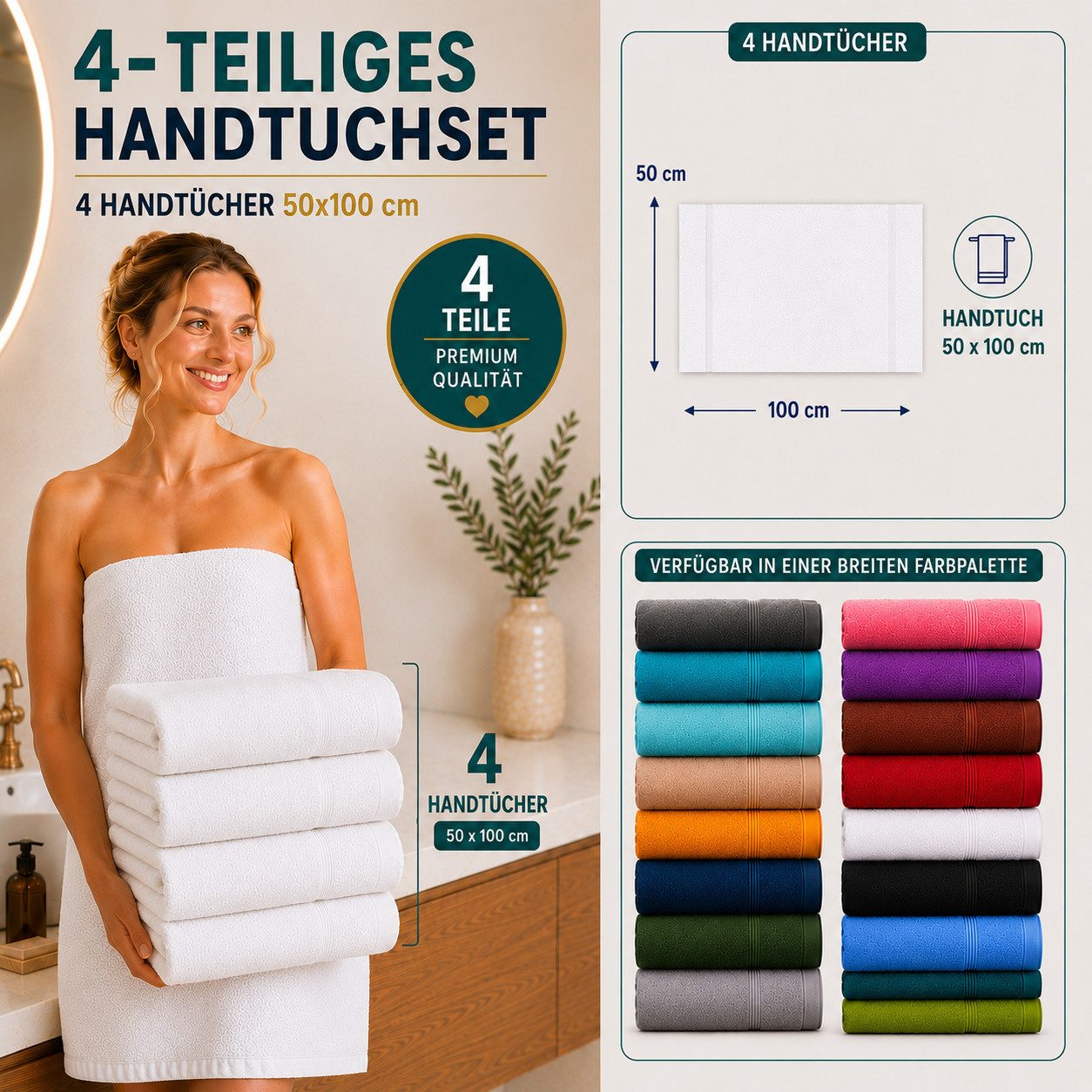 Komfortec Handtuch Set 4x Premium Handtuch Set - 50x100 cm, Frottee (4-St), 100% Baumwolle, mit Bordüre, Weich & Saugstark, Hotelqualität – Bild 2 von 5