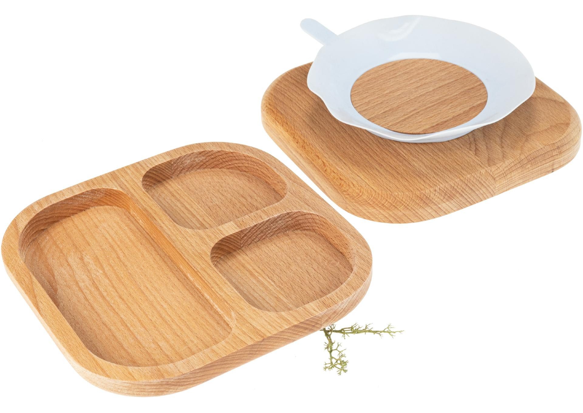 Holz Frank Kindergeschirr-Set Holz Kinderteller dreifach unterteilt - Buche geölt mit Saugnapf Blau, Holz