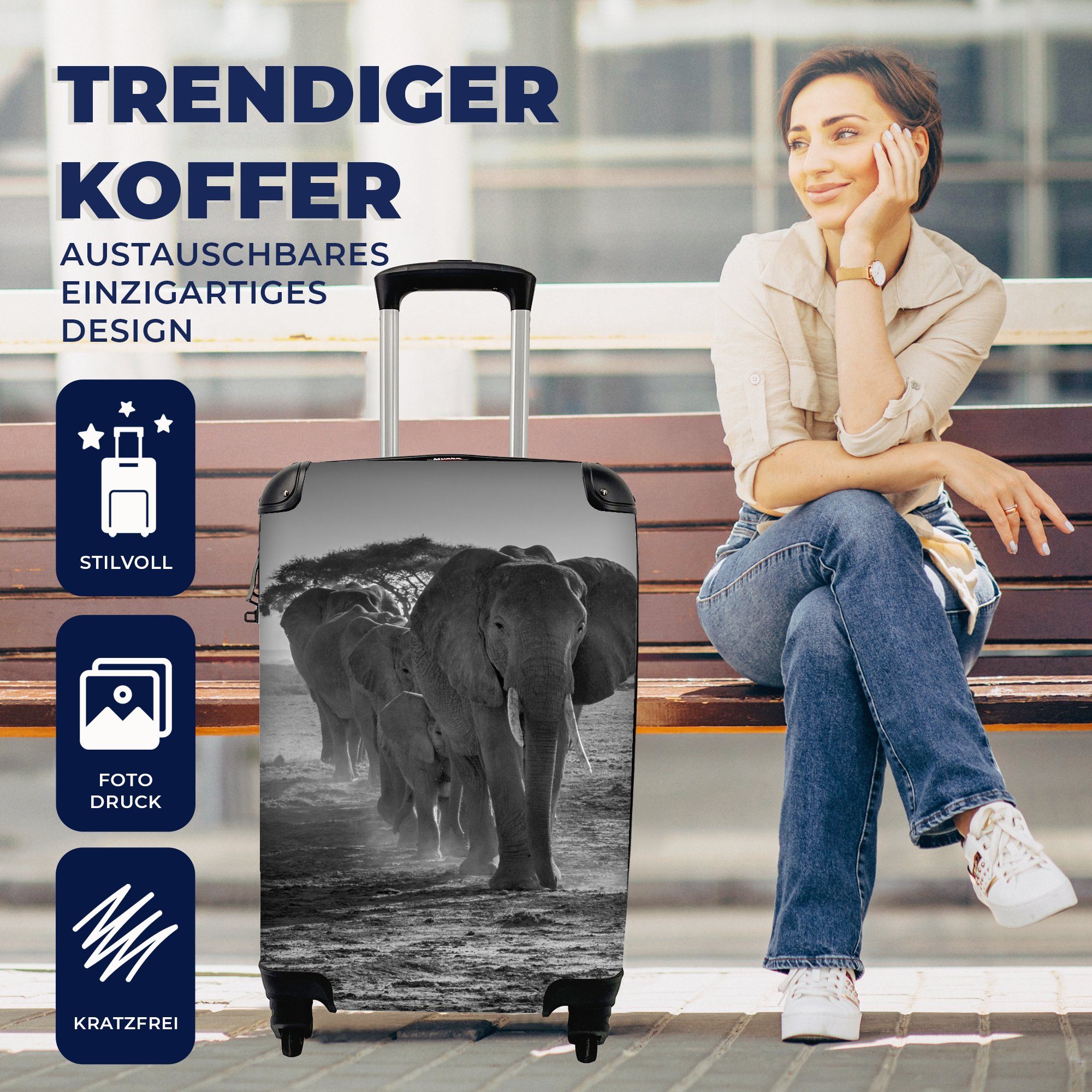 MuchoWow Handgepäckkoffer Elefant - Schwarz 4 Tiere Handgepäck Ferien, Reisekoffer - mit Weiß, - Rollen, Trolley, für Einfarbig Reisetasche rollen, 