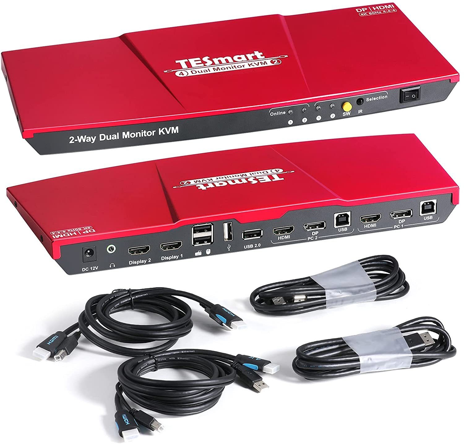 TESmart Dual Monitor 2x2 HDMI+DisplayPort KVM Switch 4K@60Hz 4:4:4 Ultra HD  2 PC 2 Monitor HDMI+DP Switch mit zusätzlichem USB 2.0 Port&L/R  Audioausgang einschließlich 2 Stück 1,5 m KVM-Kabel-Mattschwarz HDK0402A1U  Computer-Adapter