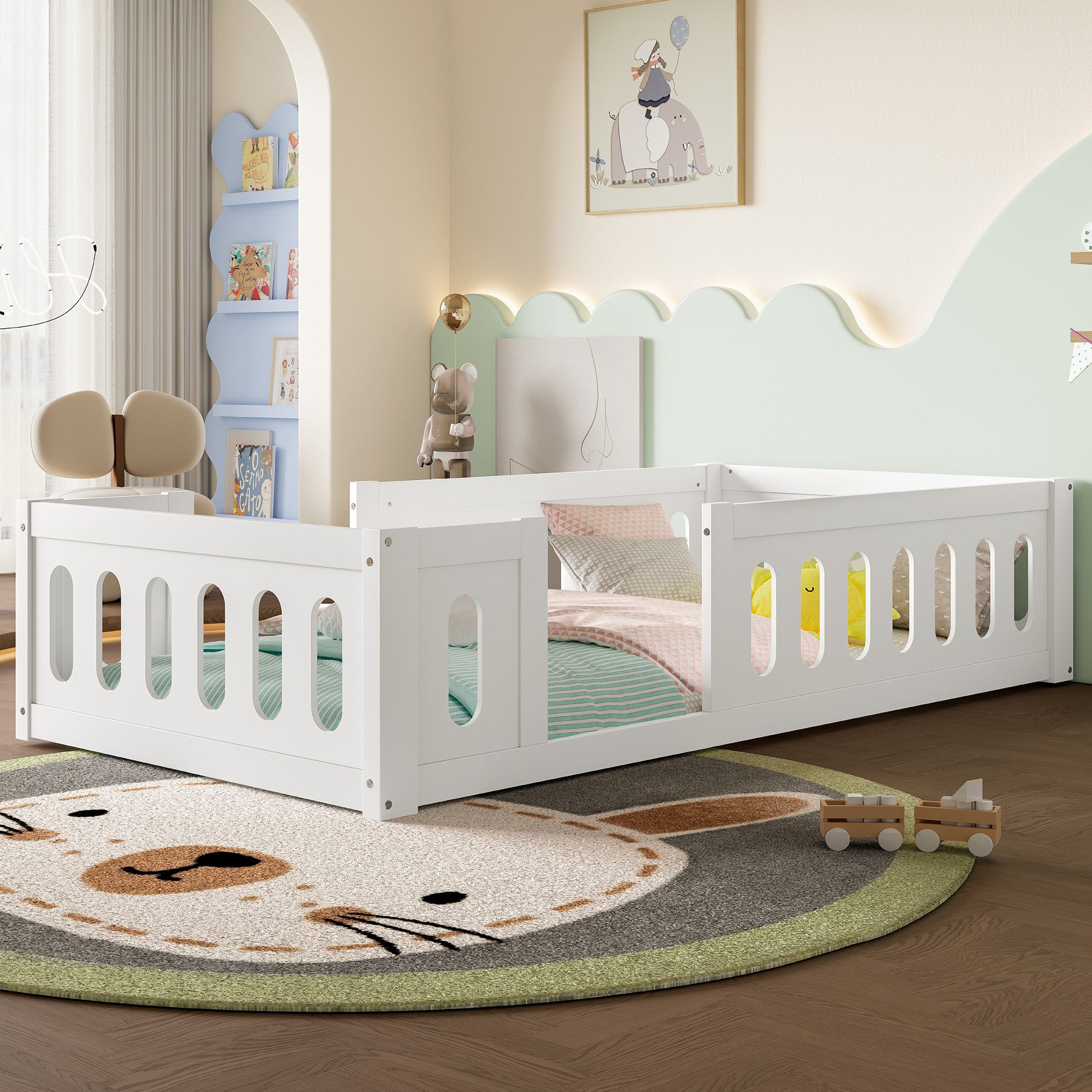 Flieks Massivholzbett, Kinderbett Bodenbett 90x200cm mit Geländer, ohne Lat günstig online kaufen