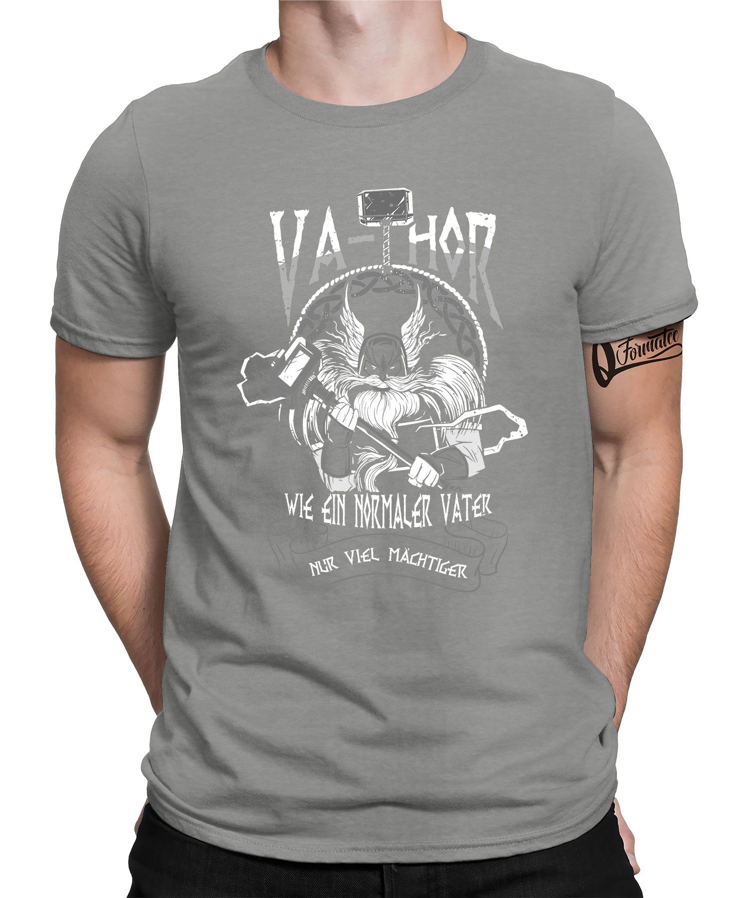 Quattro Formatee Kurzarmshirt Va-Thor Mächtig Wikinger Viking - Papa Vatertag Vater Herren T-Shirt (1-tlg) Heather Grau