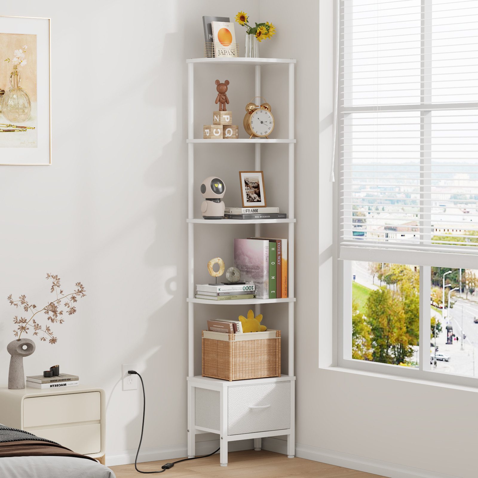 OYRREU Eckregal mit LED-Beleuchtung & Stoffbox, Bücherregal, 5 Ebenen, App-gesteuerte LED-Beleuchtung (Helligkeit & Farbe einstellbar)