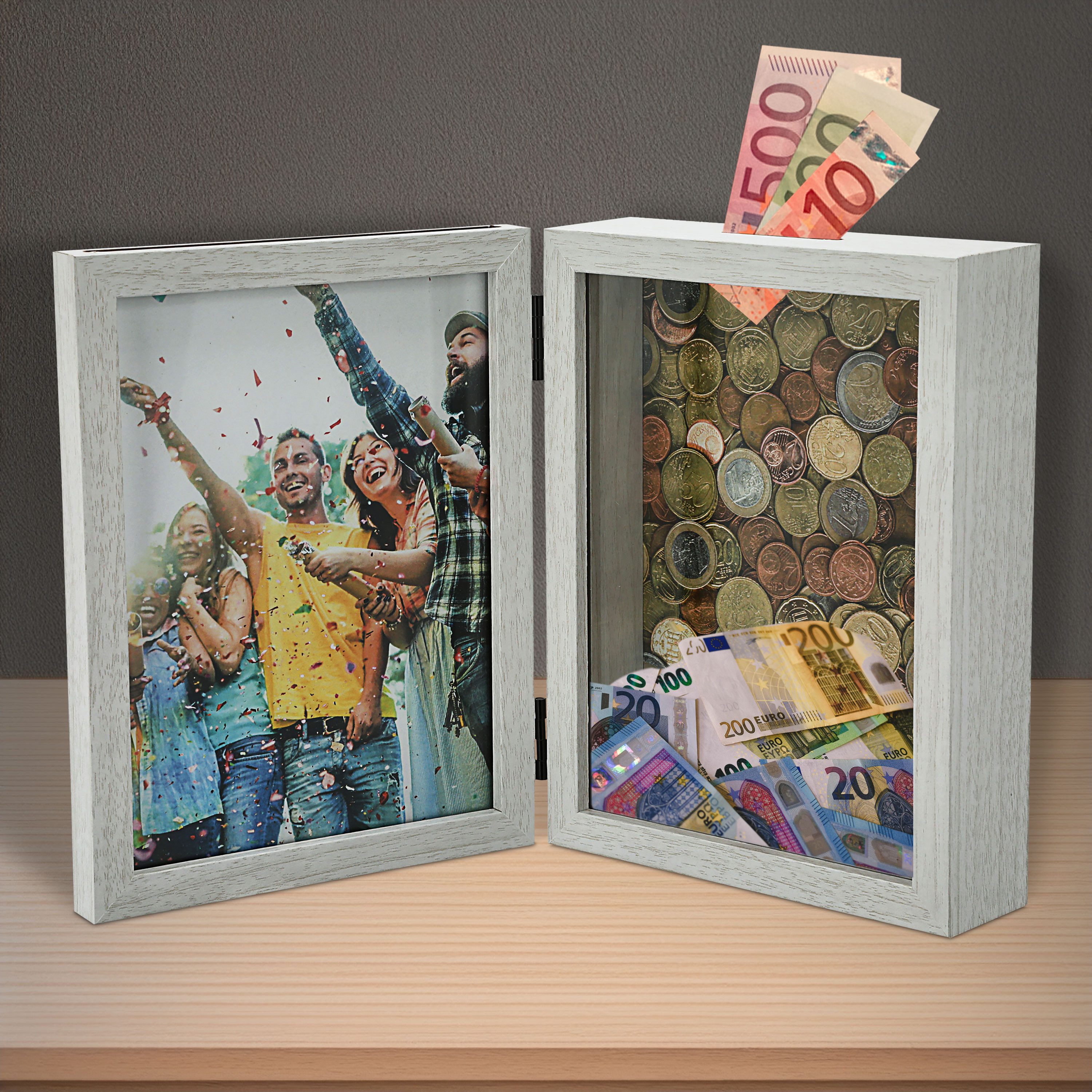 CEPEWA Spardose Spardose Bilderrahmen 2 in 1 weiß MDF 19x14,5x5,5cm klappbar Geschenk – Bild 3 von 4