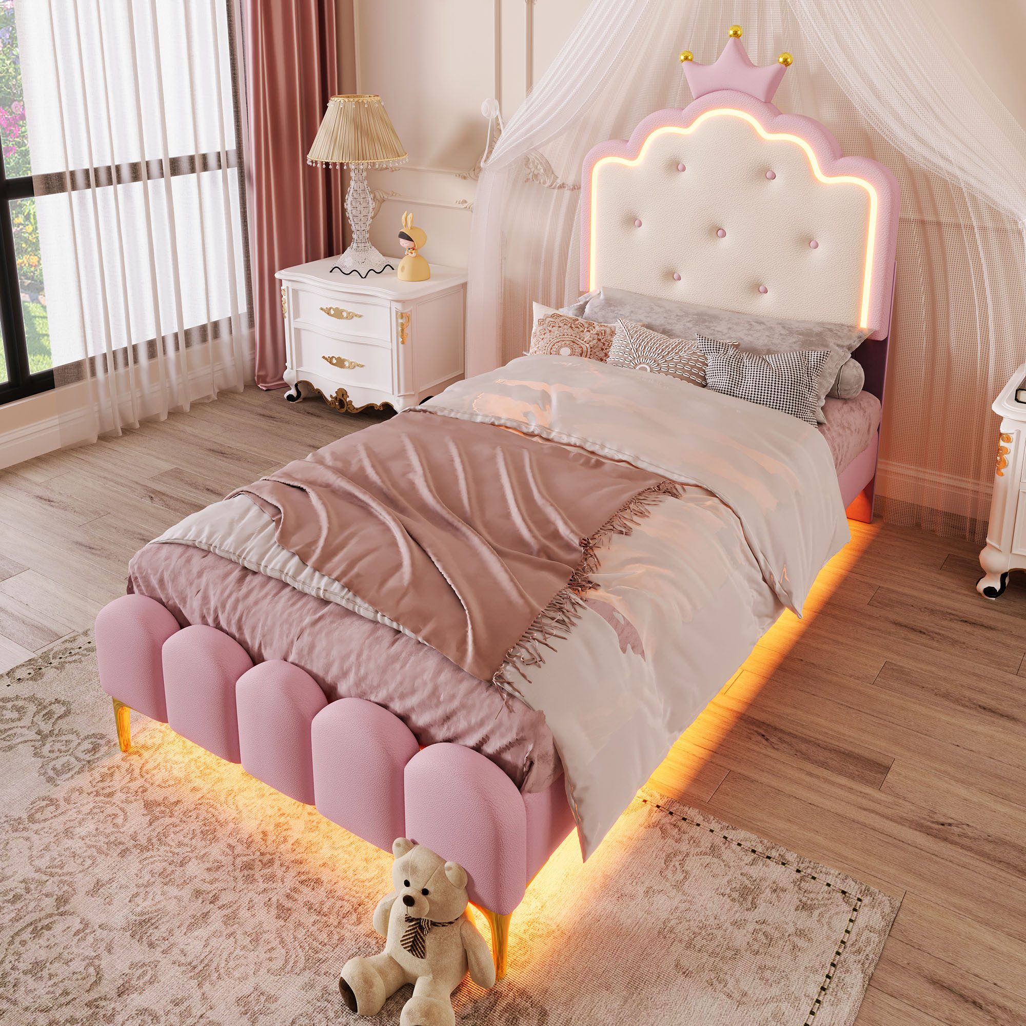 OKWISH Polsterbett Kronprinzessinnen-Design,Jugendbett,mit LED-Umgebungslicht (Prinzessinnen Polsterbett,mit Lattenrost, Rosa mit LED Ambiente-Licht, Fernbedienung, Kronprinzen-Design, Metallfüße., 90 x 200 cm), ohne Matratze