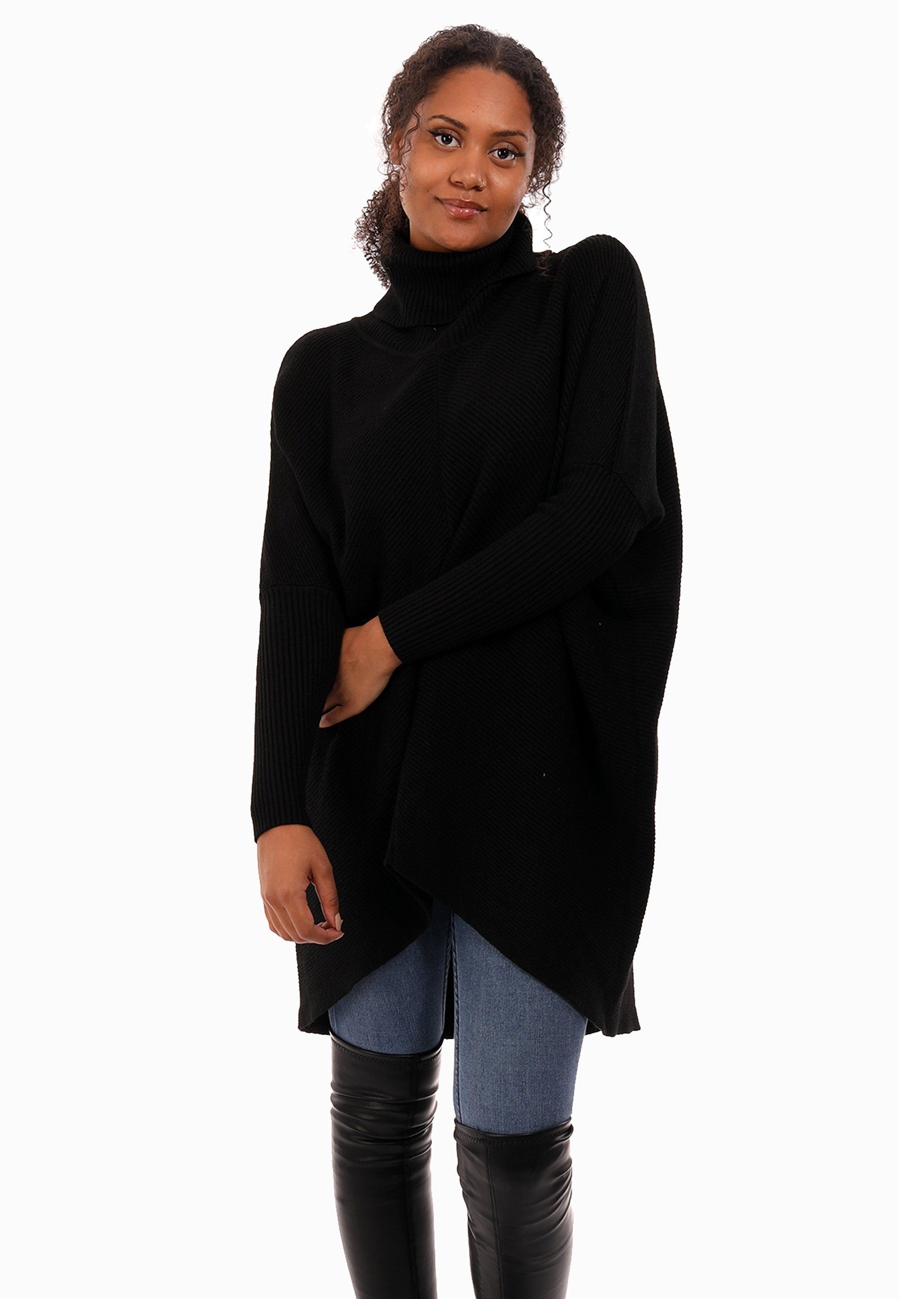(1-tlg) in überschnittenen & Fashion Size mit YC mit schwarz Style Rollkragen Unifarbe, asymmetrisch Strickpullover Schultern Plus Longpullover