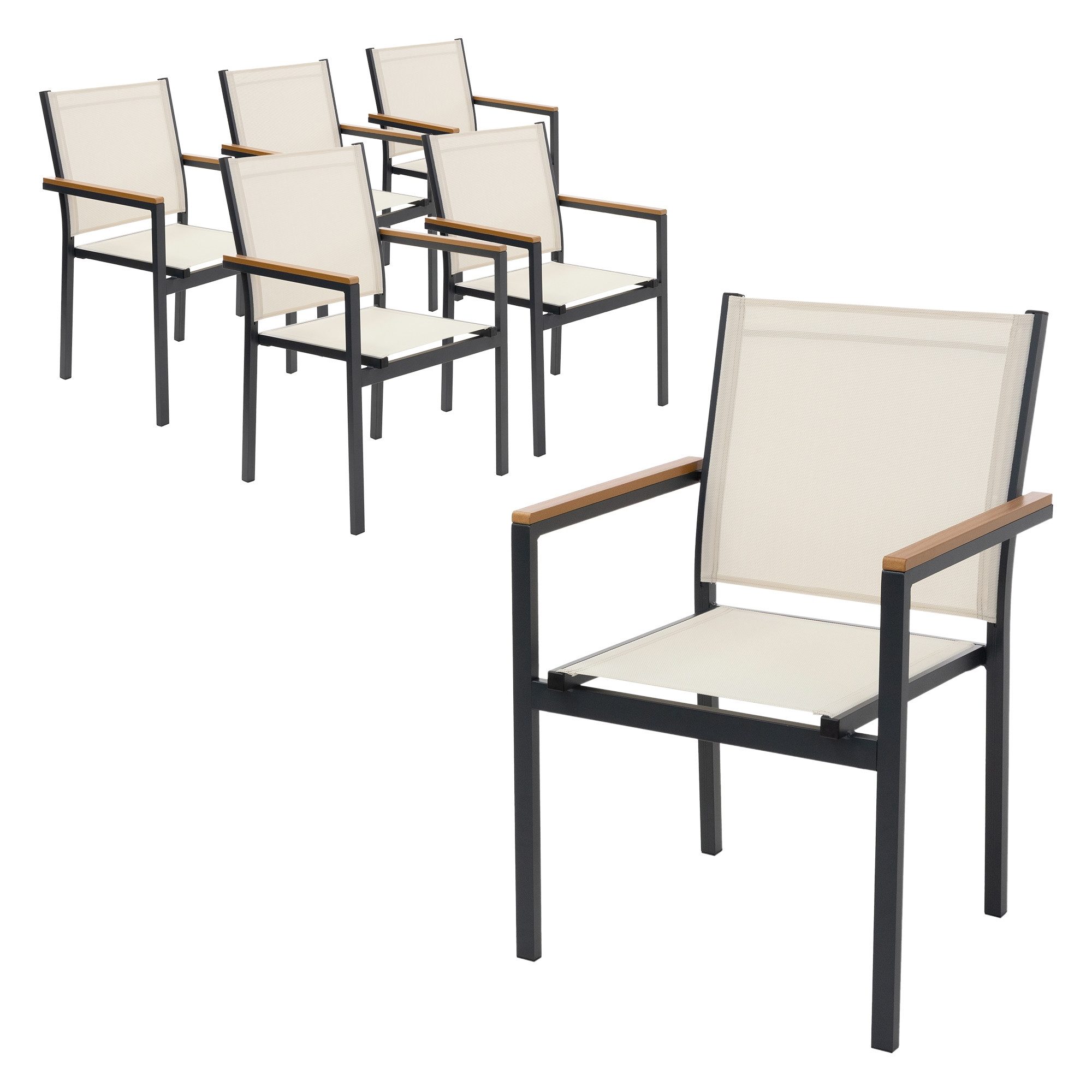 ML-DESIGN Gartenstuhl Terrassenstühle mit Aluminiumgestell Balkonstuhl wetterfest stapelbar (6 St), 6er Set Sessel mit Armlehnen-Holzoptik für Garten Balkon Terrasse