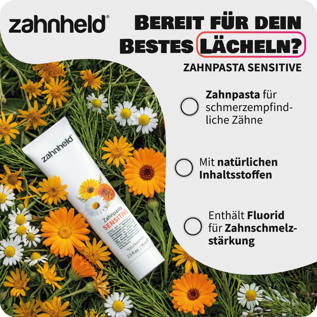 Zahnheld Zahnpasta Sensitive mit Fluorid für empfindliche Zähne, lindert Zahnschmerzen, natürliche Inhaltsstoffe, stärkt Zahnschmelz, vegane Zahncreme