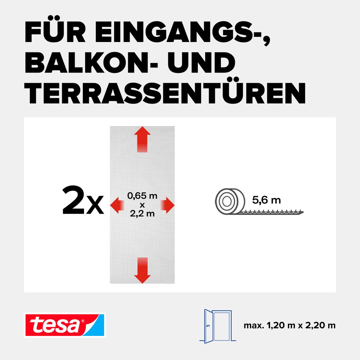 tesa Insektenschutz-Tür Insect Stop Standard Fliegengitter für Türen - 2x 0.65 m : 2.2 m, (Packung, 2-St., Fliegennetz, Klettband), Insektenschutzgitter -Fliegenetz ohne Bohren-zuschneidbar