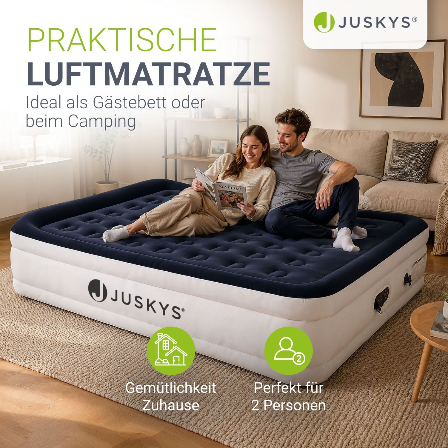 Juskys Luftmatratze Sapri L, Doppel-Luftbett, selbstaufblasend, wasserdicht, inkl. Pumpe, Tasche