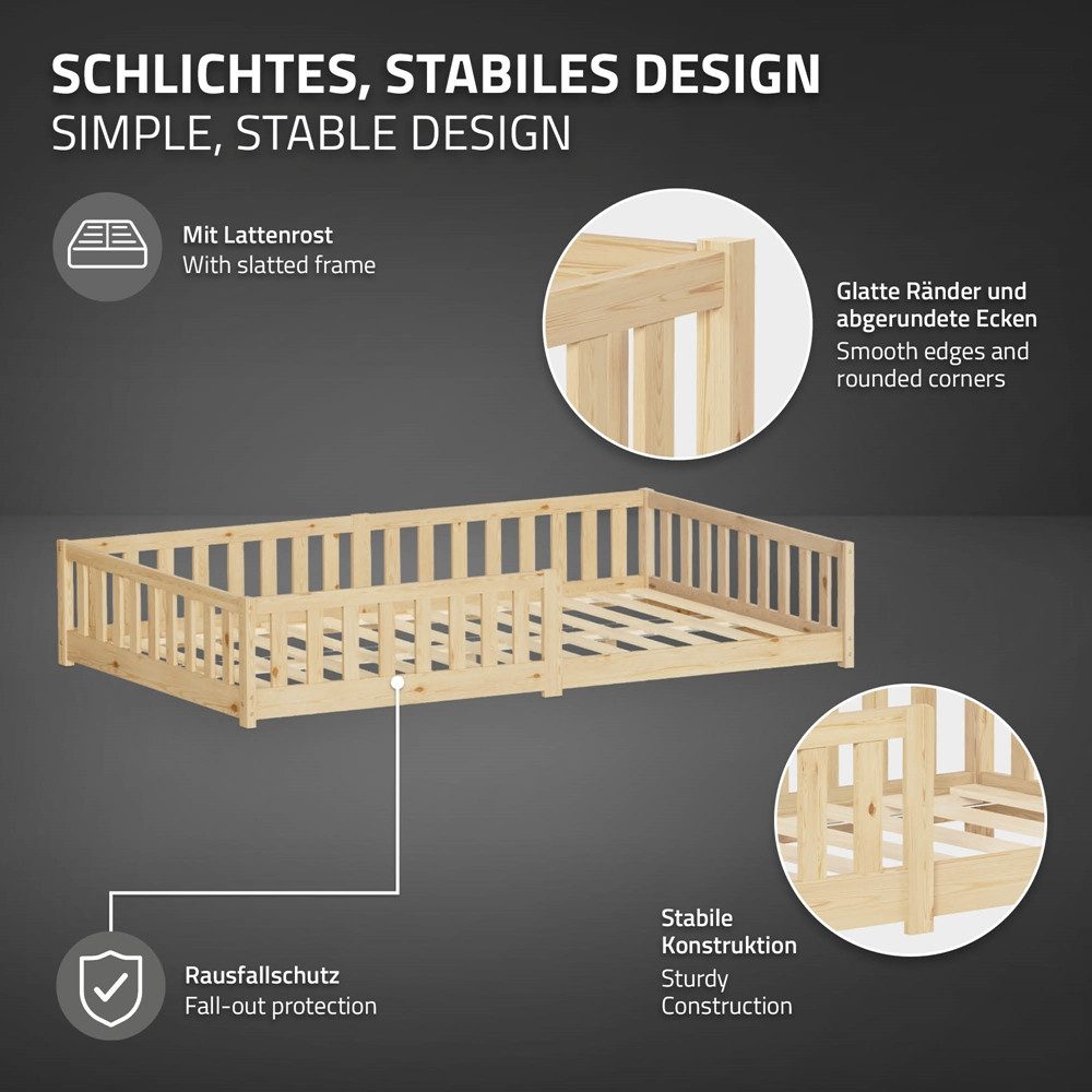 ML-DESIGN Spielbett Bodenbett Holzbett mit Lattenrost & Rausfallschutz Jugendbett Babybett, Abenteuerbett 120x200cm Natur Kinderbett Bettgestell ohne Matratze – Bild 3 von 5