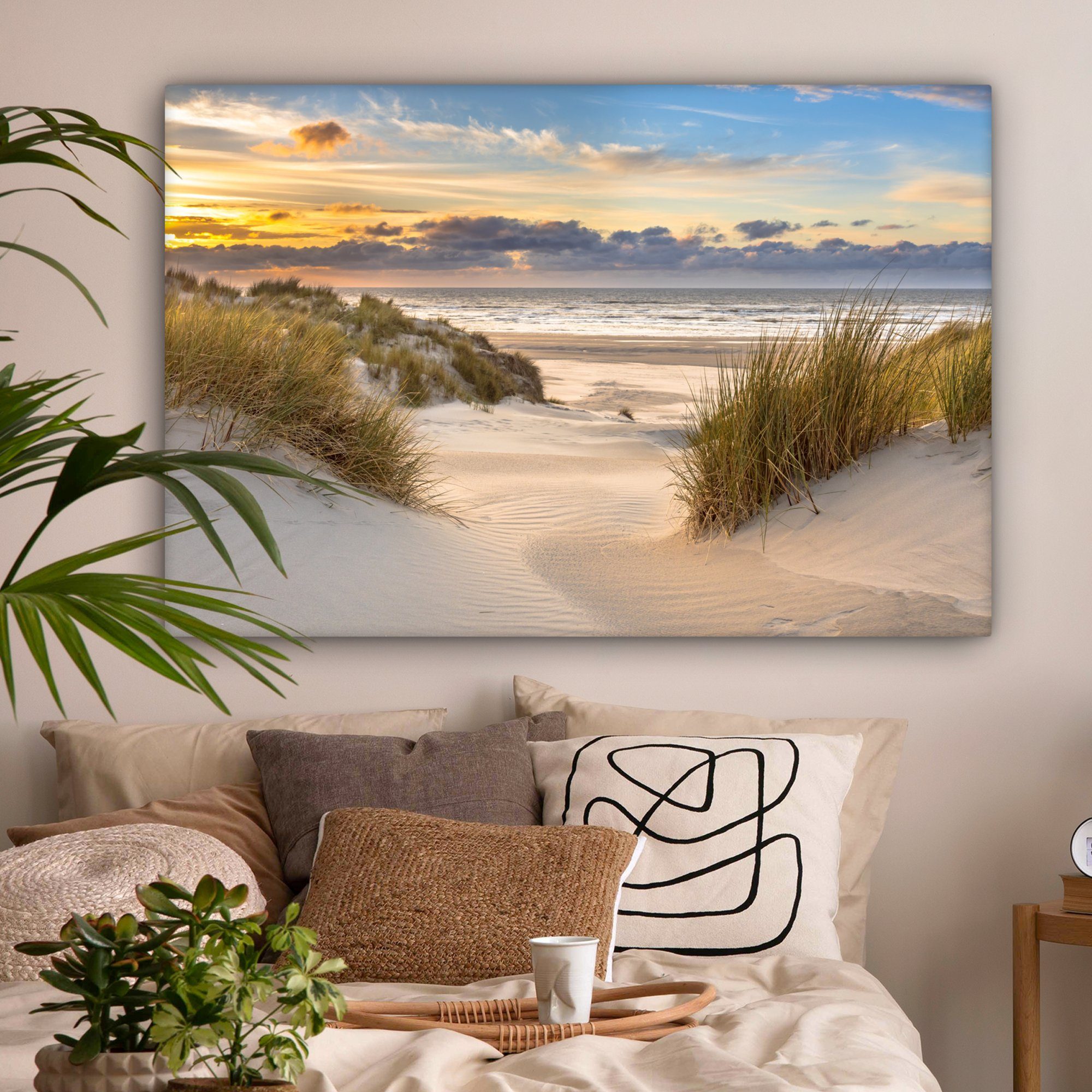 Gemälde, 120x80 Wohnbereiche, großes, - XXL, alle Düne - Meer, Sonnenuntergang Gras Strand cm - OneMillionCanvasses® Leinwandbild St), (1 Wandbild für -