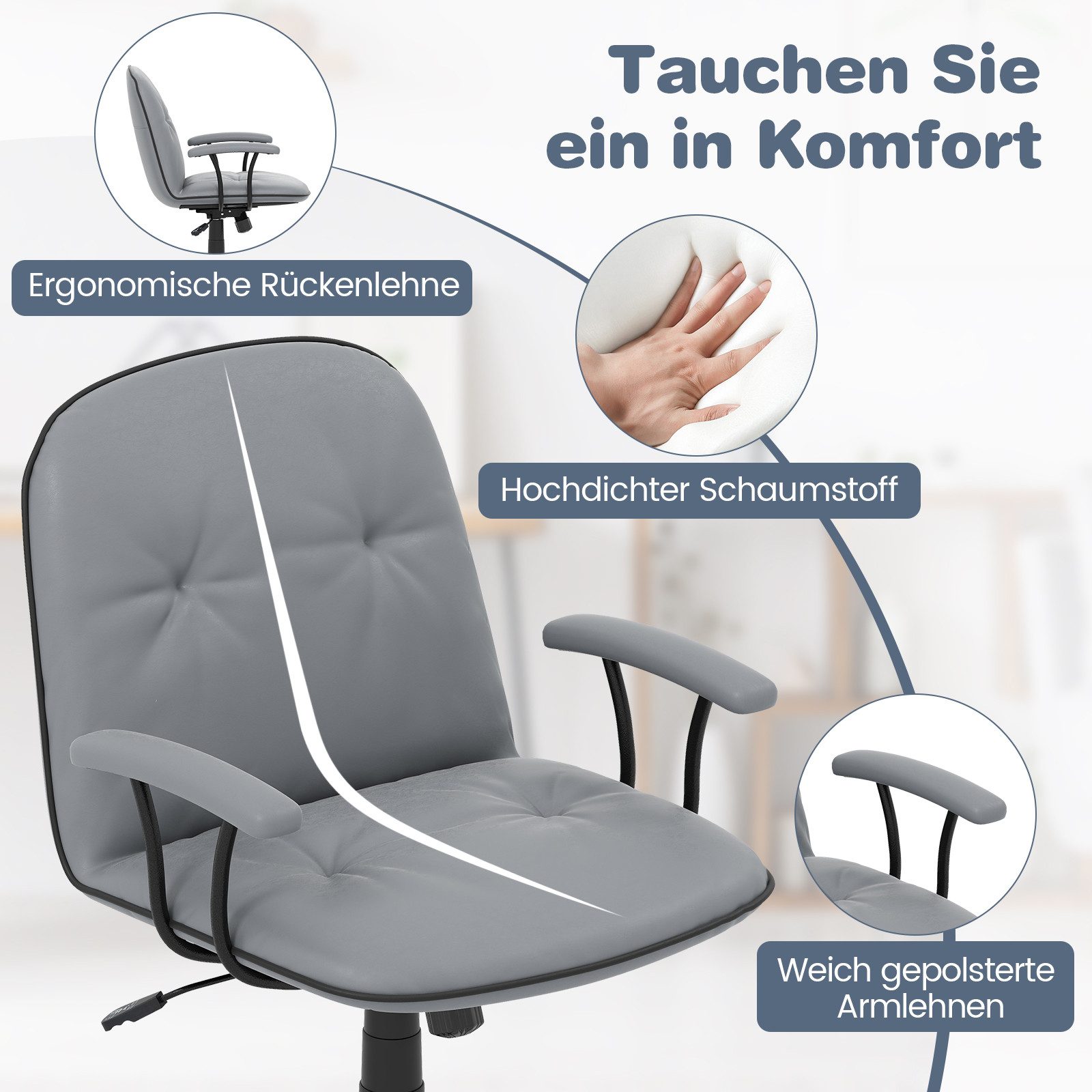 COSTWAY Drehstuhl, Ergonomisch, mit gepolsterten Armlehnen & breitem Sitz