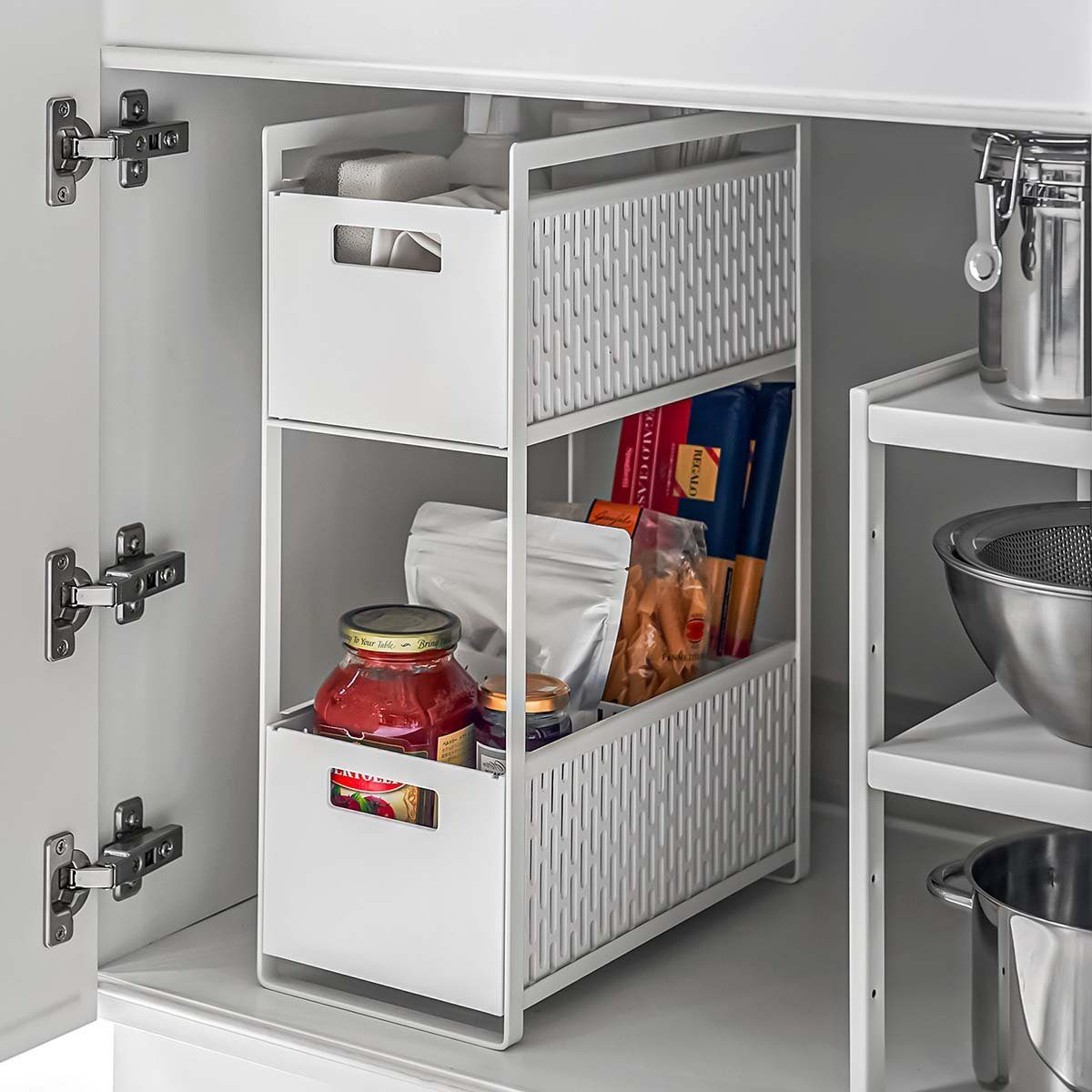 Yamazaki Küchenregal Tower Schrankregal Regal Küche Badezimmer schmal 2 Ebenen, Regal, Stauraum in Küche oder Bad, 2 Körbe, ausziehbar, Metall