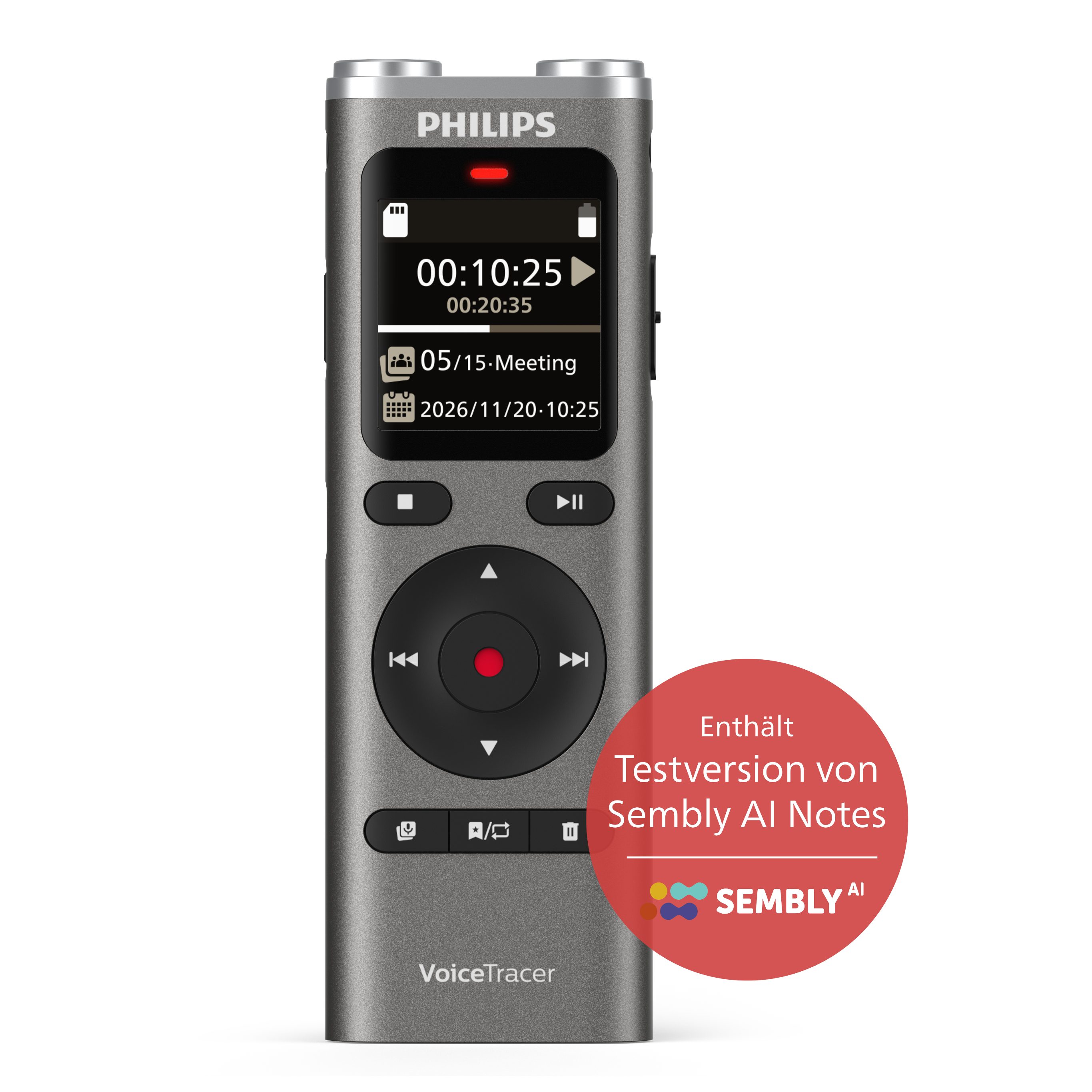 Philips DVT2075 VoiceTracer Audio-Recorder Digitales Diktiergerät (Stereo-MP3-/ PCM-Aufnahme, Sembly AI Spracherkennung, 8 GB, Akku)